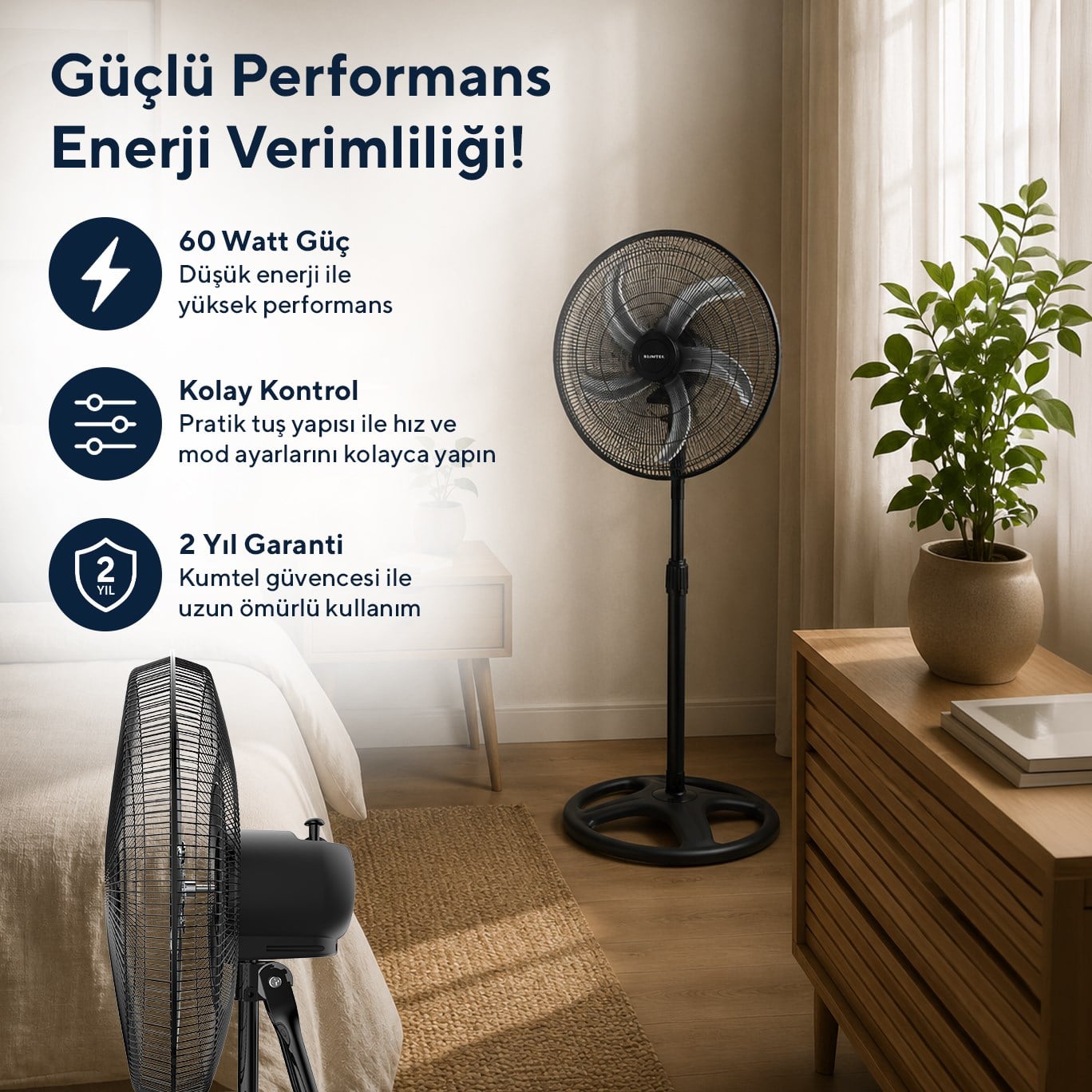 Kumtel KTF-340 Siyah 18 İnç Sanayi Tipi Vantilatör 3in1 60 W,5 Metal Pervaneli, 3 Kademeli, 132 cm Ayarlanabilir Yükseklik