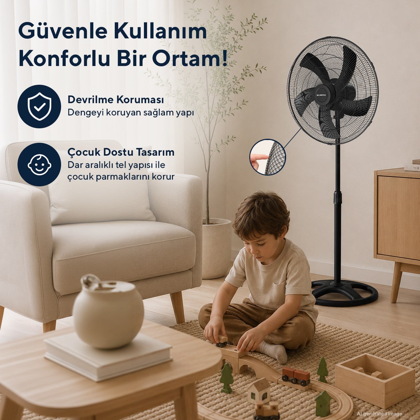 Kumtel KTF-345 Siyah 18 İnç Ayaklı Vantilatör 60 W, 5 Pervaneli, 3 Kademeli, 132 cm Ayarlanabilir Yükseklik