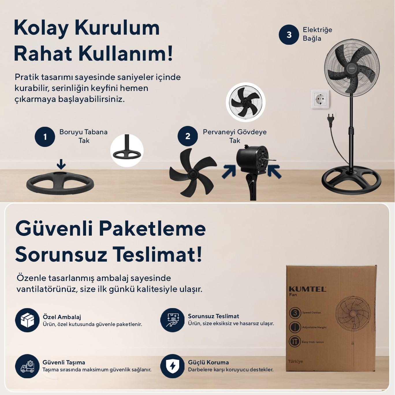 Kumtel KTF-345 Siyah 18 İnç Ayaklı Vantilatör 60 W, 5 Pervaneli, 3 Kademeli, 132 cm Ayarlanabilir Yükseklik