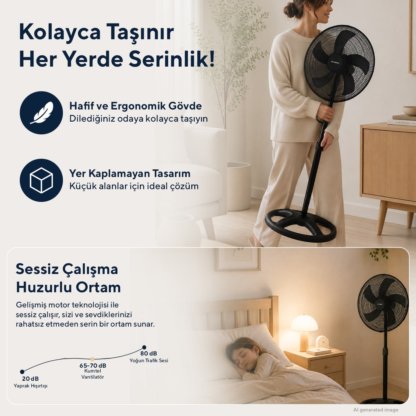 Kumtel KTF-345 Siyah 18 İnç Ayaklı Vantilatör 60 W, 5 Pervaneli, 3 Kademeli, 132 cm Ayarlanabilir Yükseklik