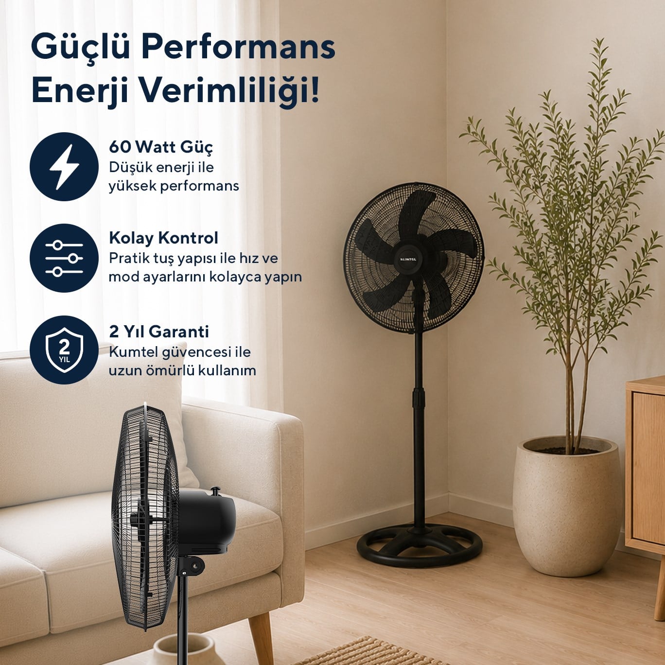 Kumtel KTF-345 Siyah 18 İnç Ayaklı Vantilatör 60 W, 5 Pervaneli, 3 Kademeli, 132 cm Ayarlanabilir Yükseklik