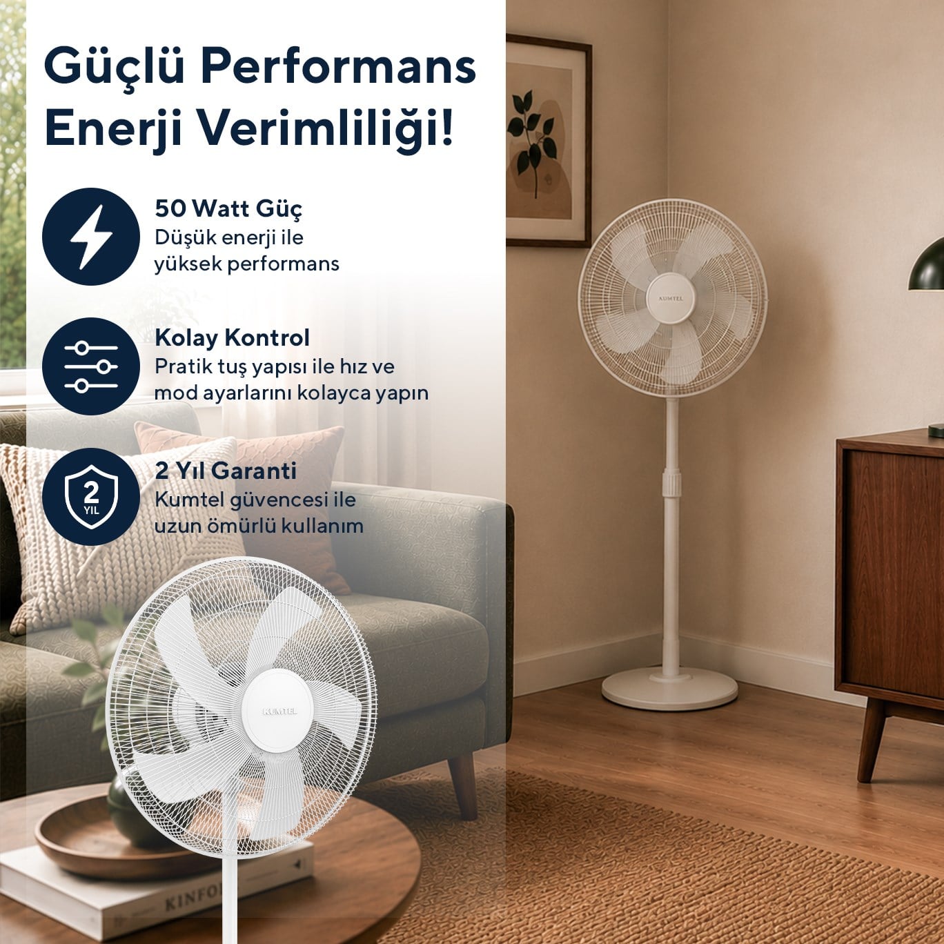 Kumtel KTF-350 Beyaz 16 İnç Ayaklı Vantilatör 50 W, 5 Pervaneli, 3 Kademeli, 121 cm Ayarlanabilir Yükseklik