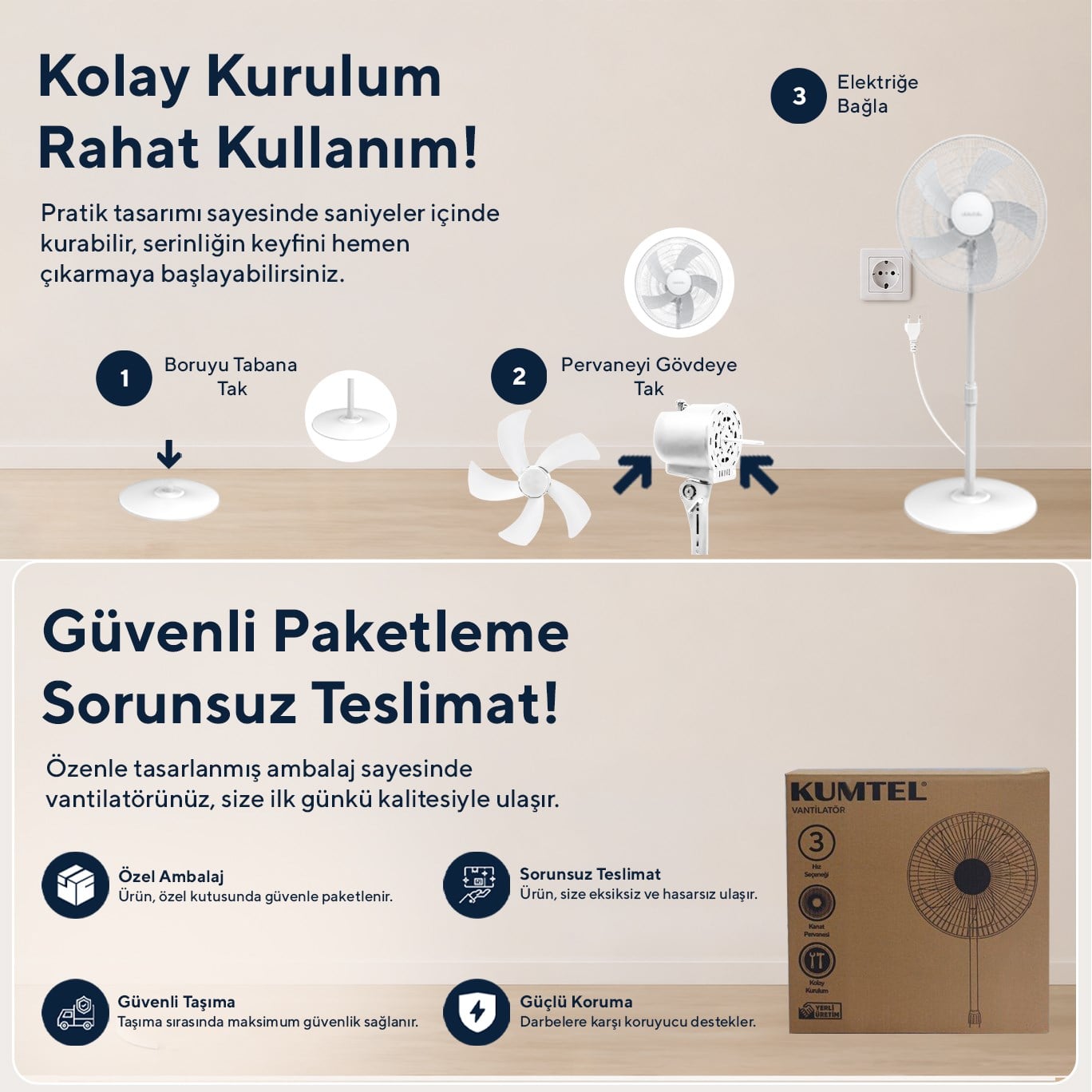 Kumtel KTF-350 Beyaz 16 İnç Ayaklı Vantilatör 50 W, 5 Pervaneli, 3 Kademeli, 121 cm Ayarlanabilir Yükseklik