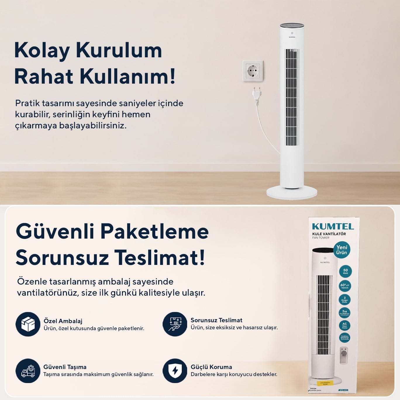 Kumtel KTF-360 Kule Tipi Vantilatör Beyaz