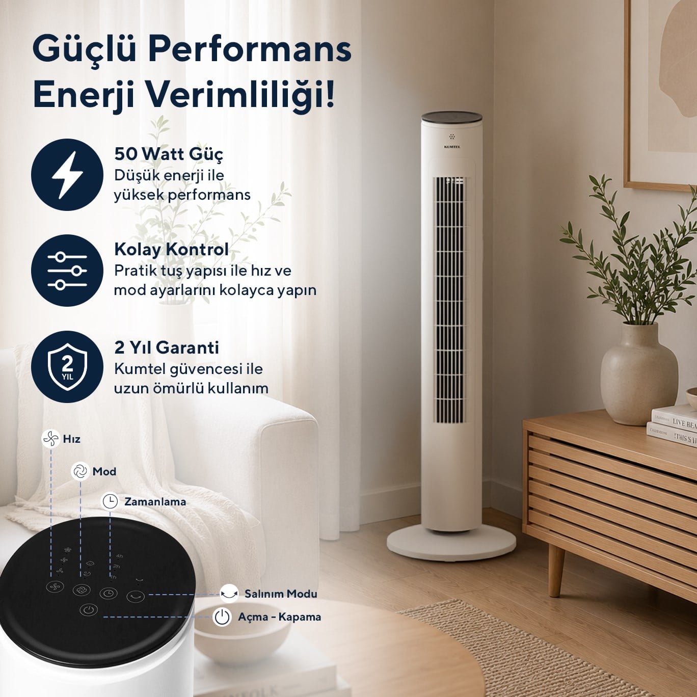 Kumtel KTF-360 Kule Tipi Vantilatör Beyaz