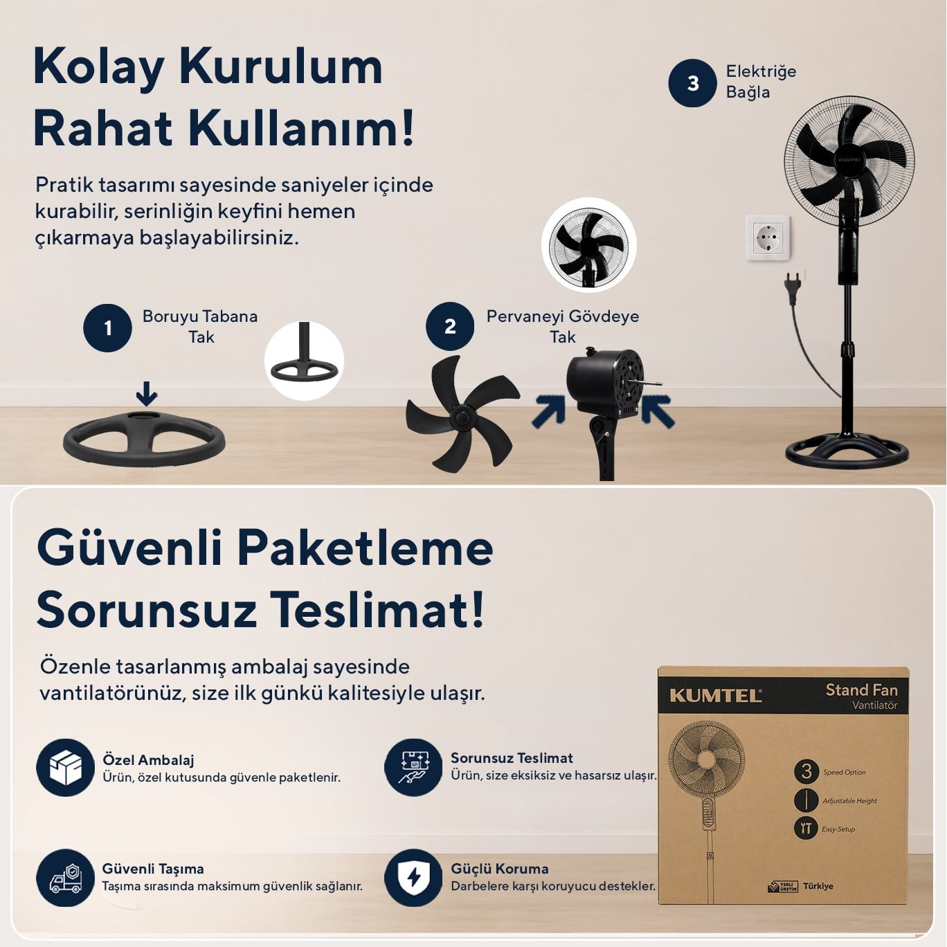 Kumtel KTF-395 Siyah 18 İnç Ayaklı Vantilatör 60 W, 5 Pervaneli, 3 Kademeli, 145 cm Ayarlanabilir Yükseklik