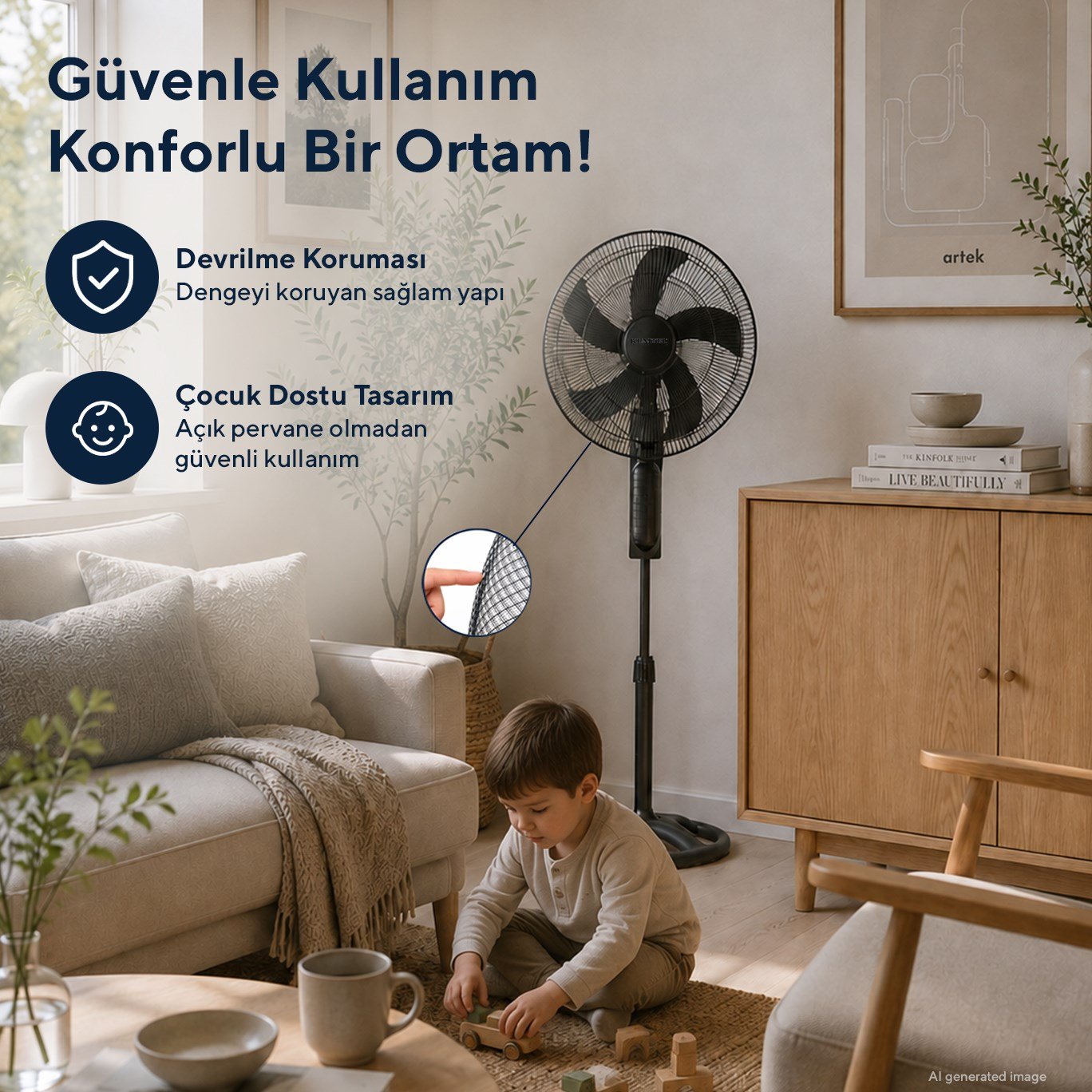 Kumtel KTF-395 Siyah 18 İnç Ayaklı Vantilatör 60 W, 5 Pervaneli, 3 Kademeli, 145 cm Ayarlanabilir Yükseklik