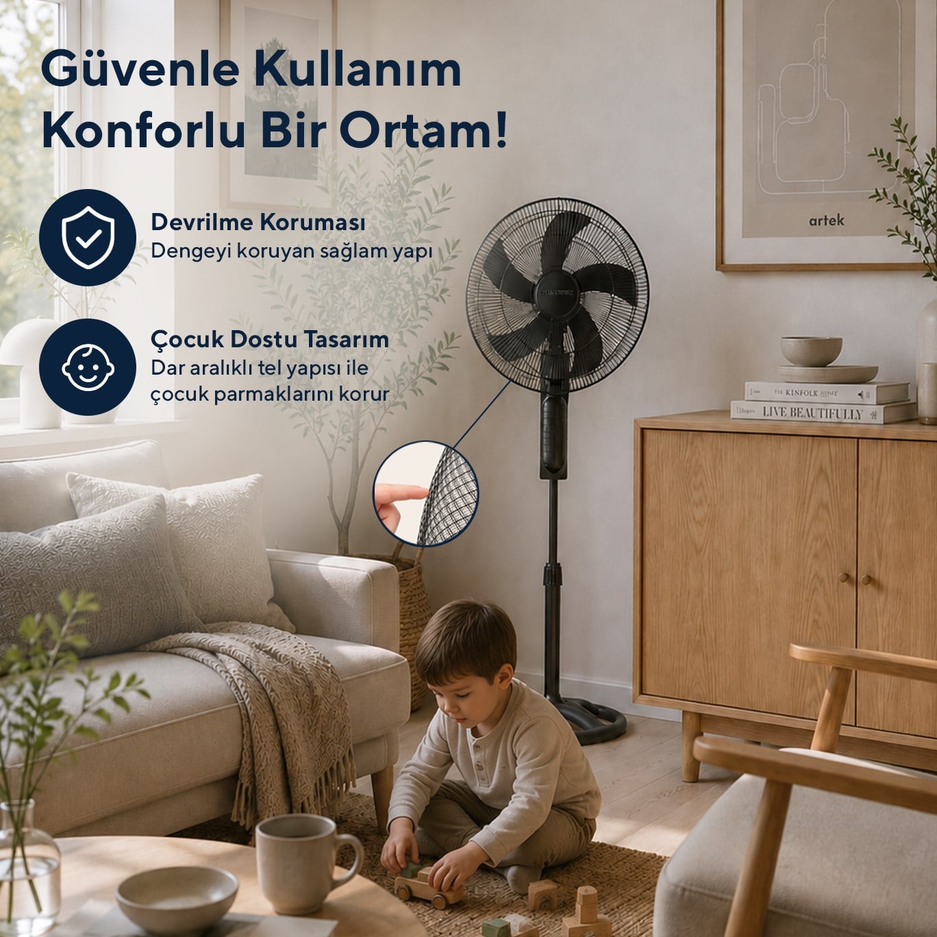 Kumtel KTF-395 Siyah 18 İnç Ayaklı Vantilatör 60 W, 5 Pervaneli, 3 Kademeli, 145 cm Ayarlanabilir Yükseklik