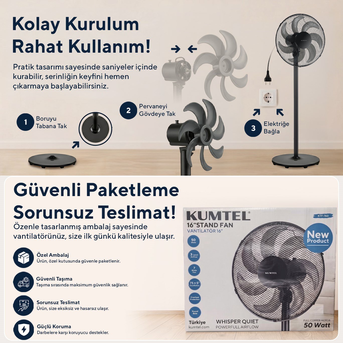 Kumtel KTF-760 Siyah 16 İnç Ayaklı Vantilatör 50 W,7 Pervaneli,3 Kademeli, 130 cm Yükseklik