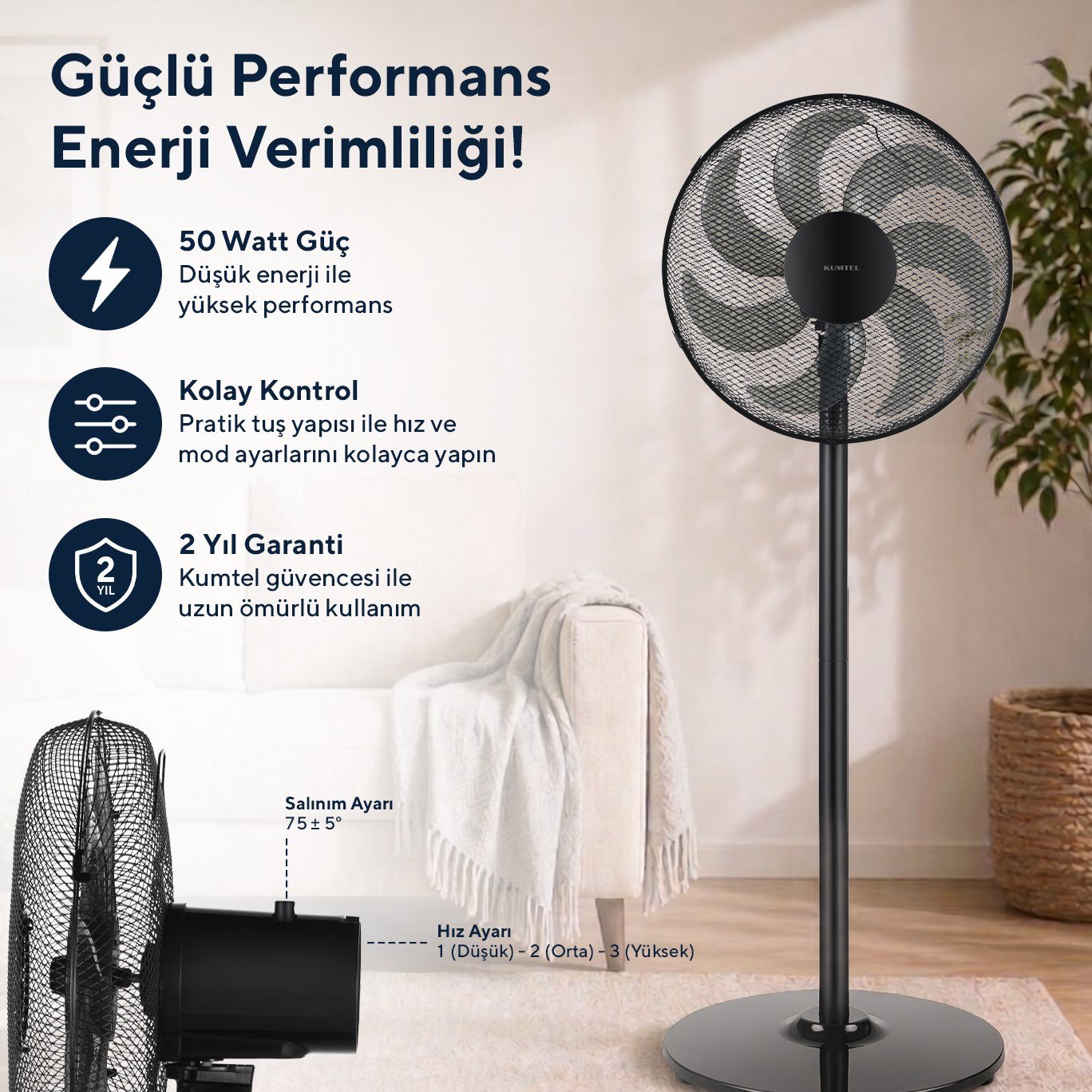 Kumtel KTF-760 Siyah 16 İnç Ayaklı Vantilatör 50 W,7 Pervaneli,3 Kademeli, 130 cm Yükseklik