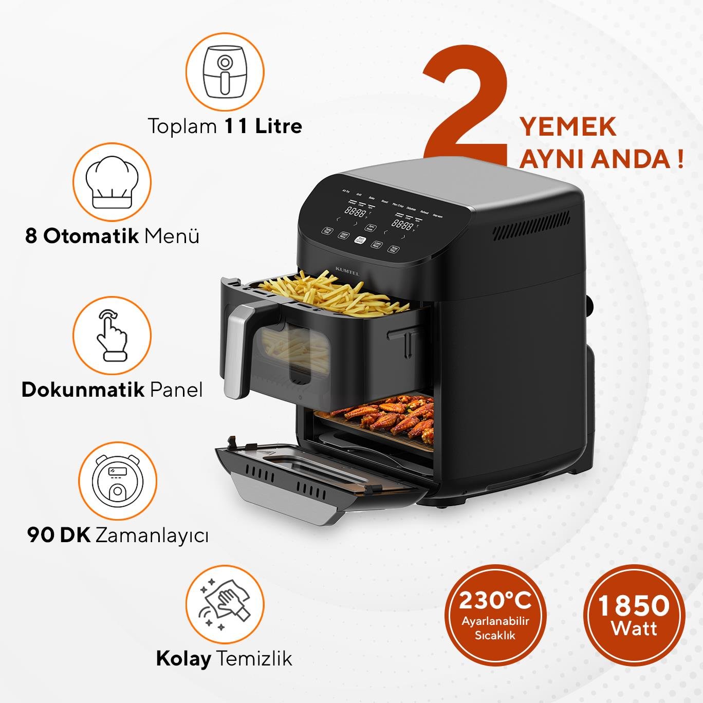 Kumtel XXL 11 Litre Çift Hazneli Fastfryer (Yağsız Fritöz Airfryer ) HAF-11