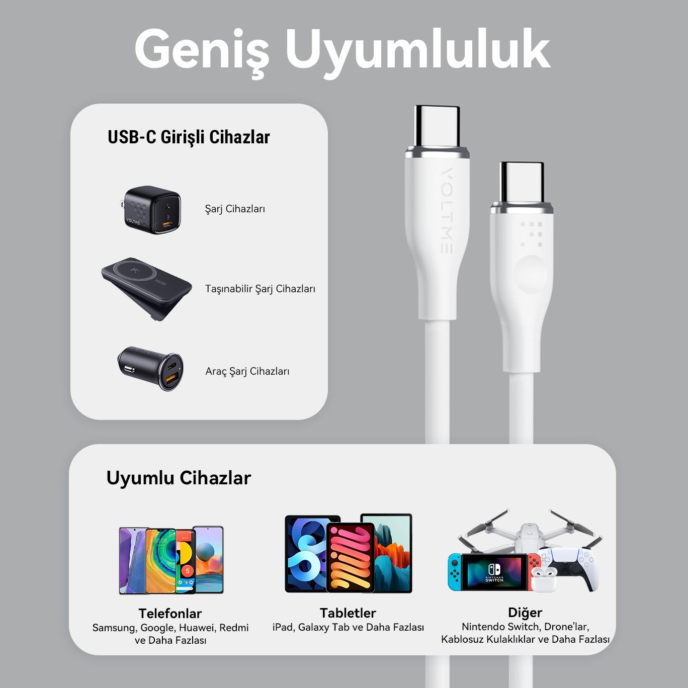 VOLTME C2021 Powerlink Moss 60W Type-C Şarj Kablosu 1M 3A- Beyaz