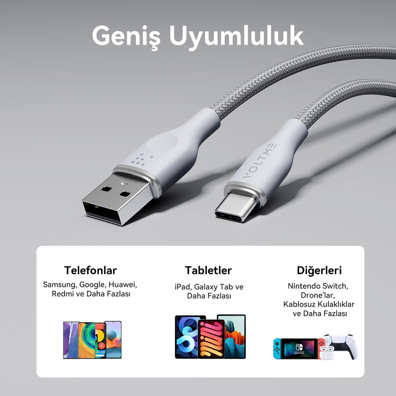 VOLTME C2044 Powerlink Rugg 60W USB to Type-C Şarj Kablosu 1M 3A -Gri