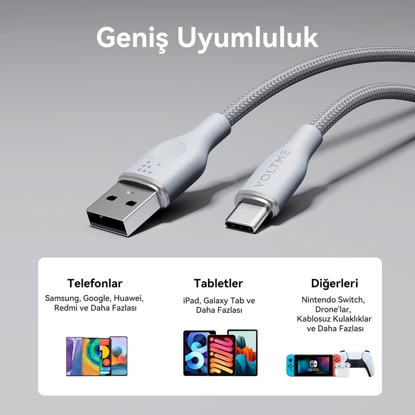 VOLTME C2048 Powerlink Rugg 60W USB to Type-C Şarj Kablosu 1.8M 3A- Gri