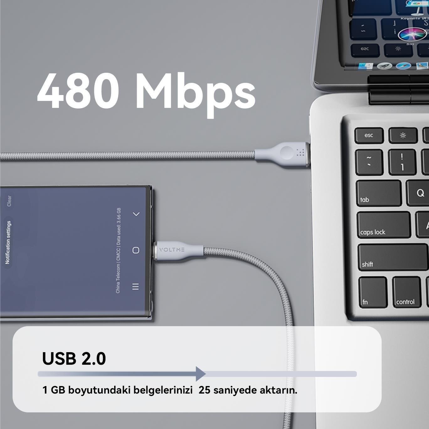 VOLTME C2048 Powerlink Rugg 60W USB to Type-C Şarj Kablosu 1.8M 3A- Gri