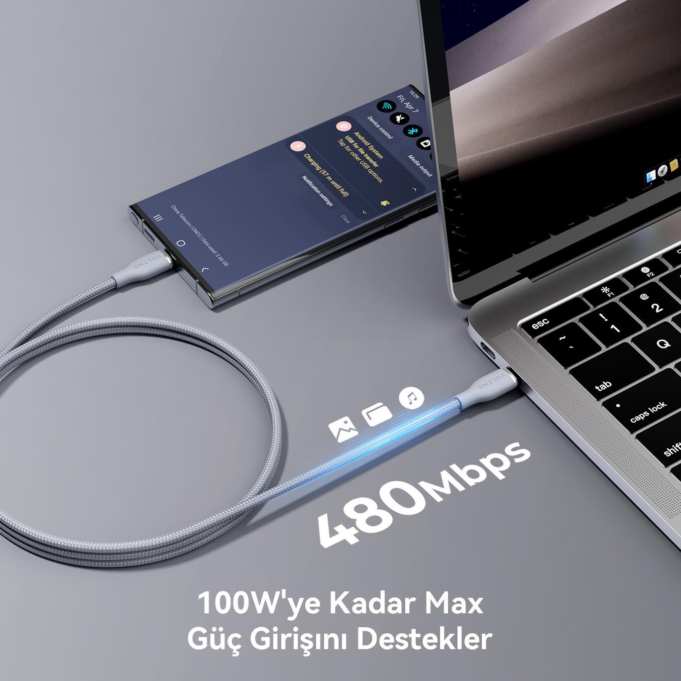 VOLTME C2060 Powerlink Rugg 100W Type-C Şarj Kablosu 1M 5A- Gri