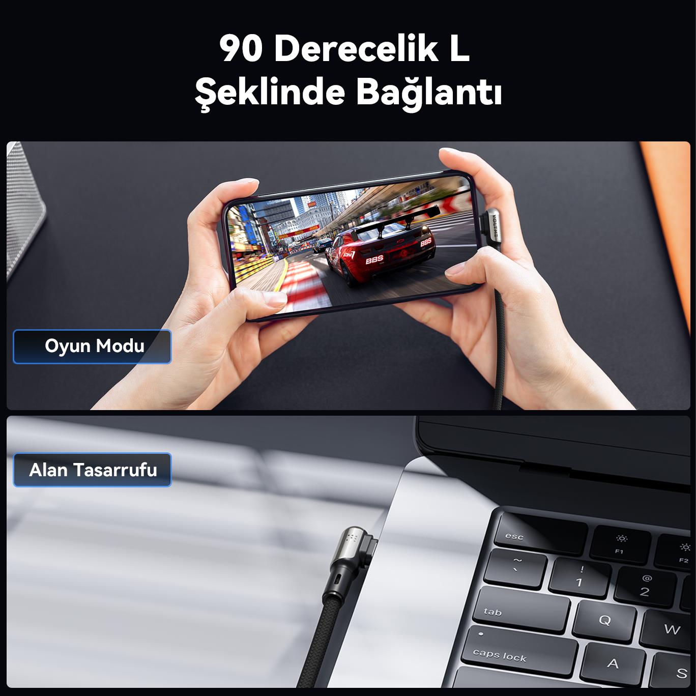 VOLTME C2067 Stark 60W USB to Type-C Şarj Kablosu 1.2M 3A-Siyah