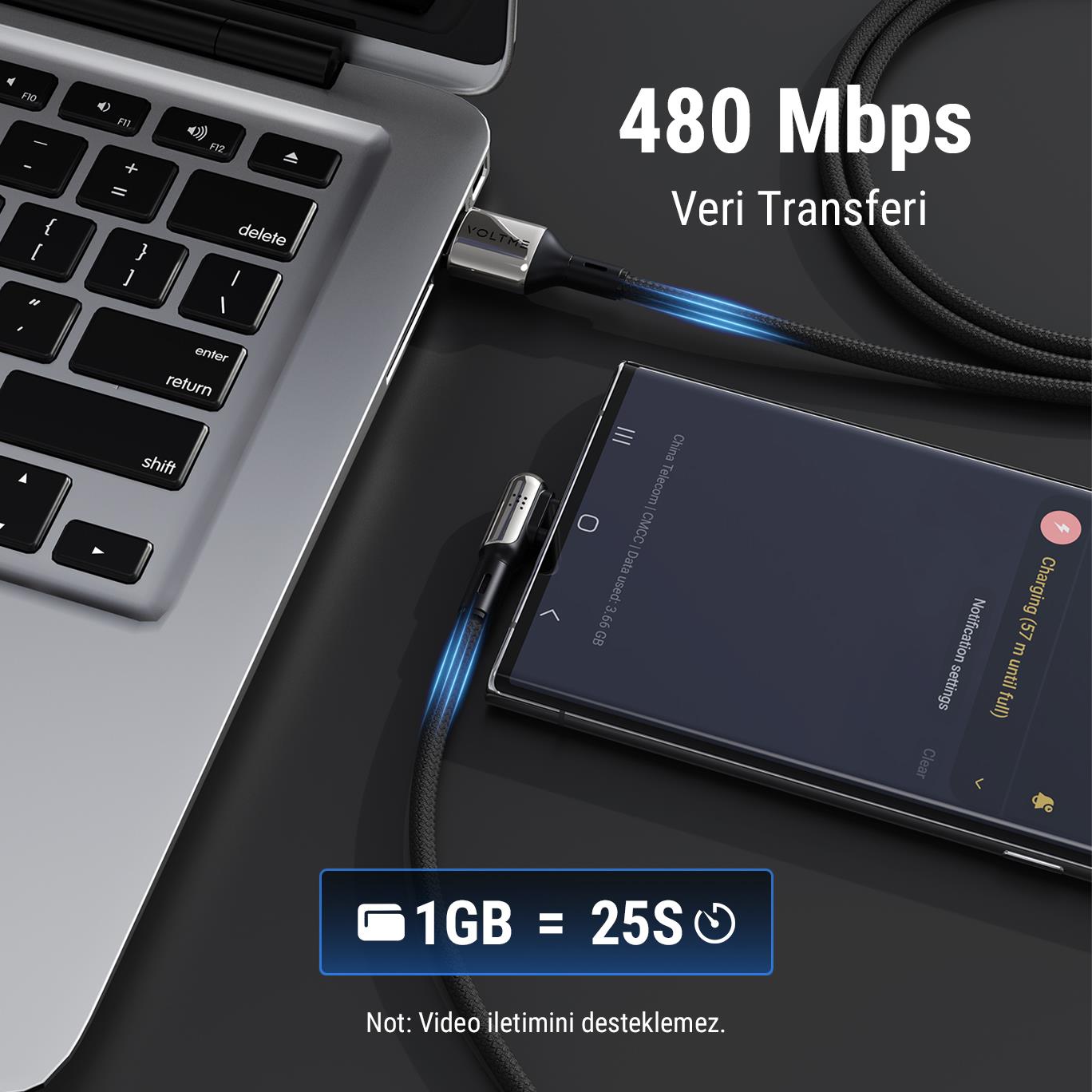 VOLTME C2068 Stark 60W USB to Type-C Şarj Kablosu 2M 3A-Siyah