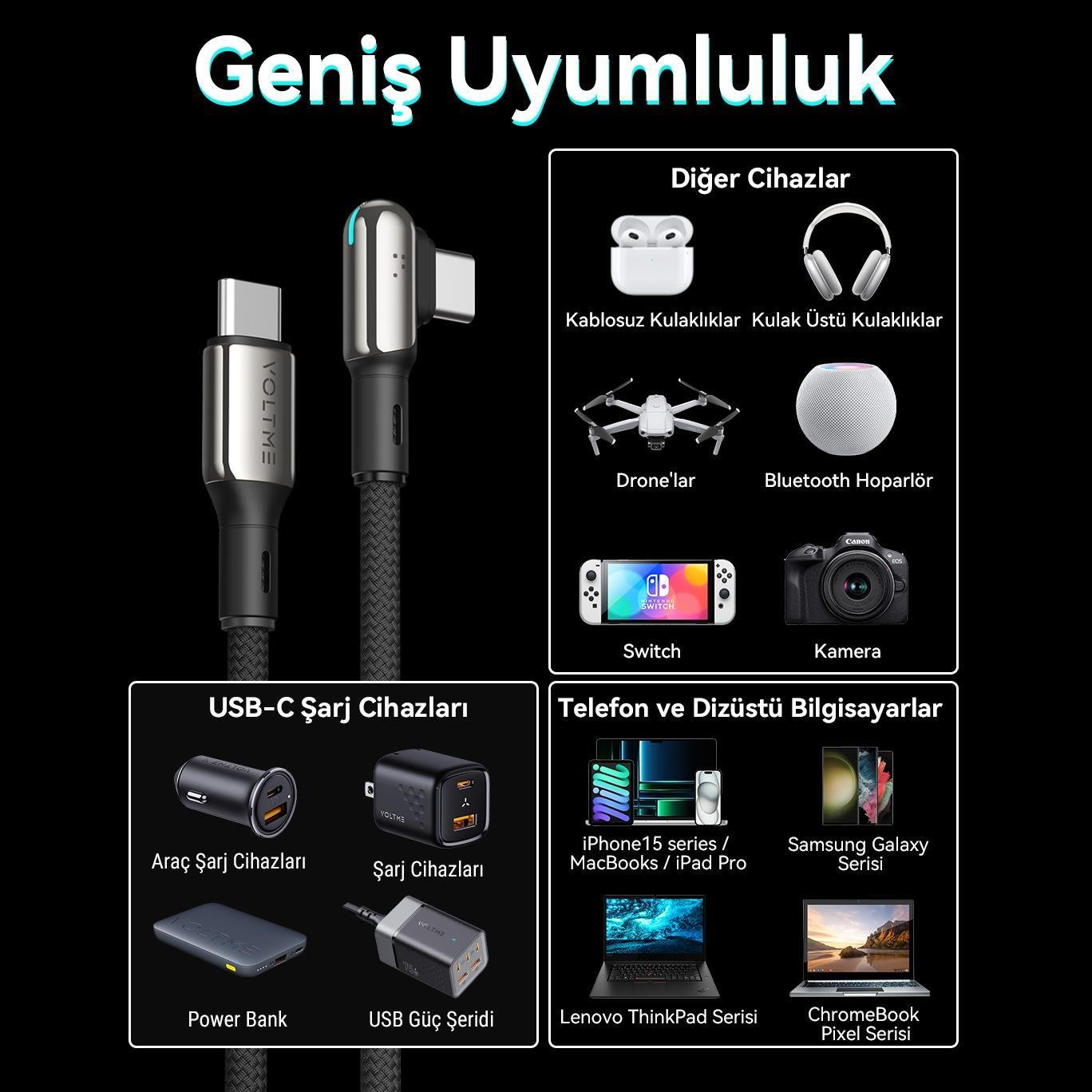 VOLTME C2072  Stark 100W Type-C Şarj Kablosu 2M 5A-Siyah