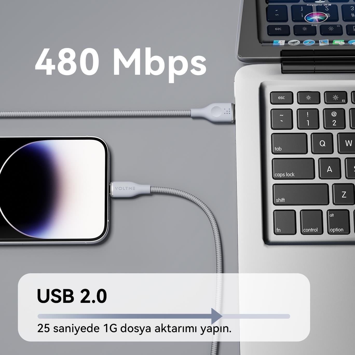 VOLTME C2111 Powerlink Rugg 60W USB to Lightning Şarj Kablosu 1.2M 3A- Gri