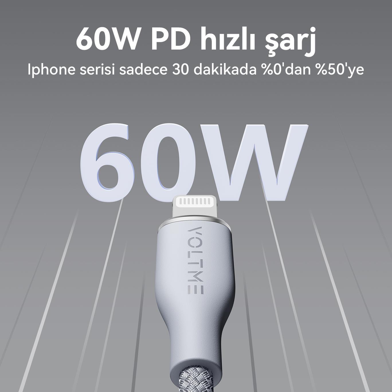 VOLTME C2111 Powerlink Rugg 60W USB to Lightning Şarj Kablosu 1.2M 3A- Gri