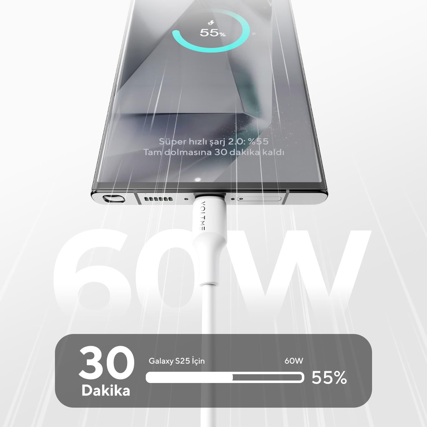 VOLTME C2273 60W USB-C to USB-C Hızlı Şarj ve Veri Kablosu 1.2 Metre – Beyaz