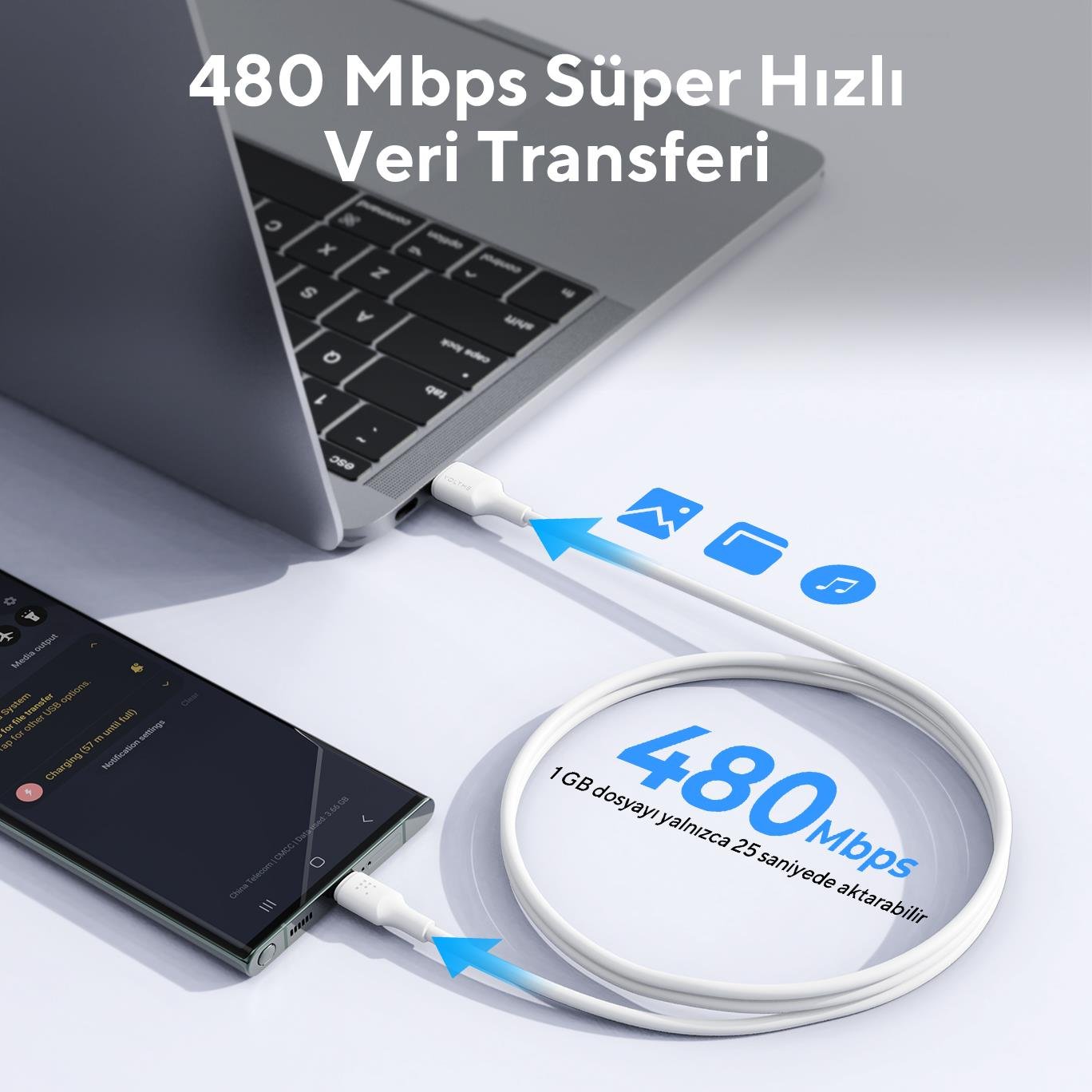 VOLTME C2285 60W USB-A to USB-C Hızlı Şarj ve Veri Kablosu 1.2 Metre – Beyaz