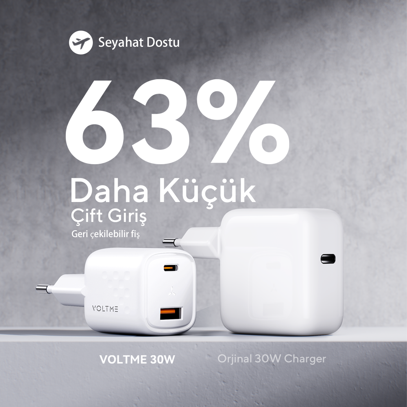 VOLTME V2016 Revo Siyah 30W CA GaN Şarj Aleti