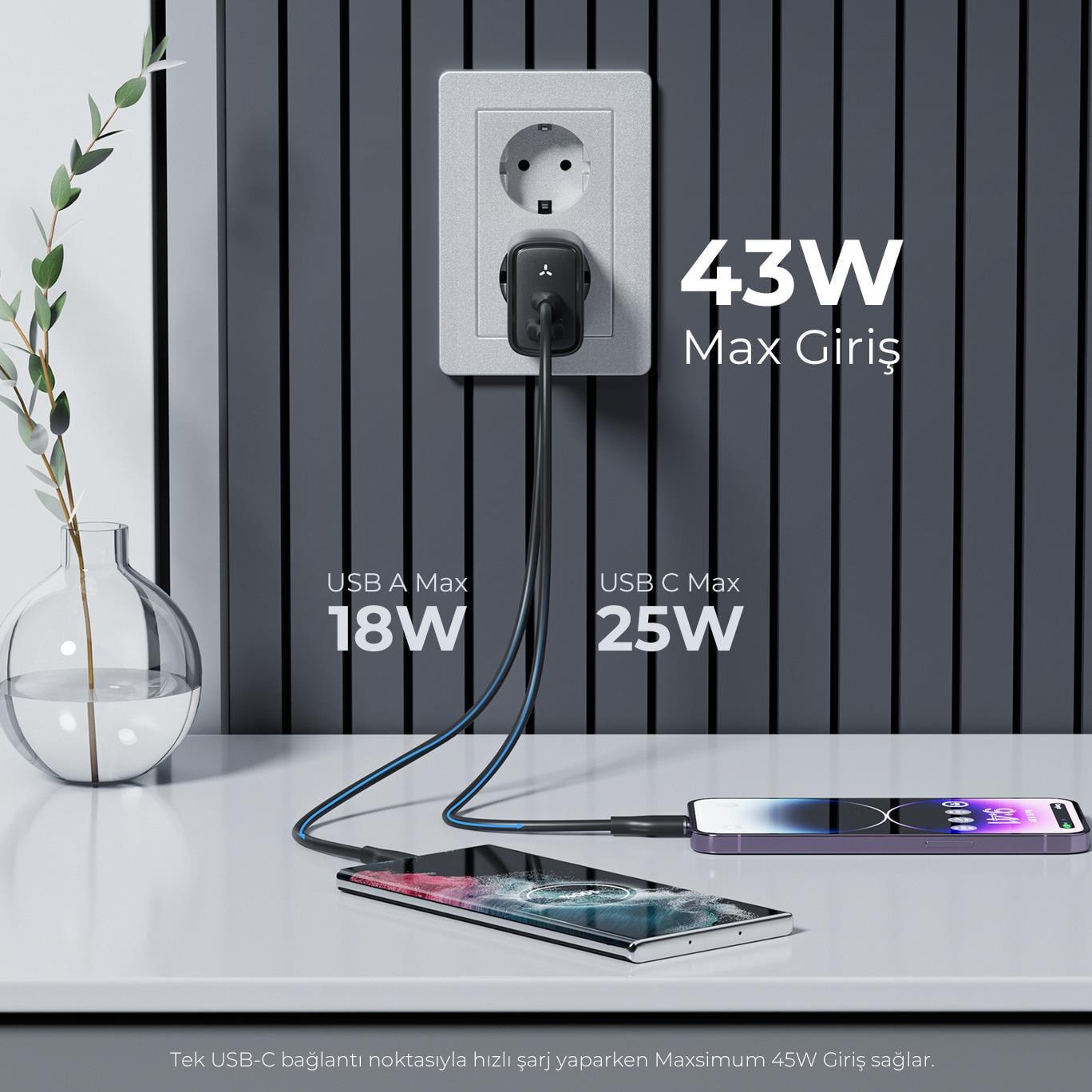 VOLTME V2113 Revo Siyah 45W CA GaN Şarj Cihazı