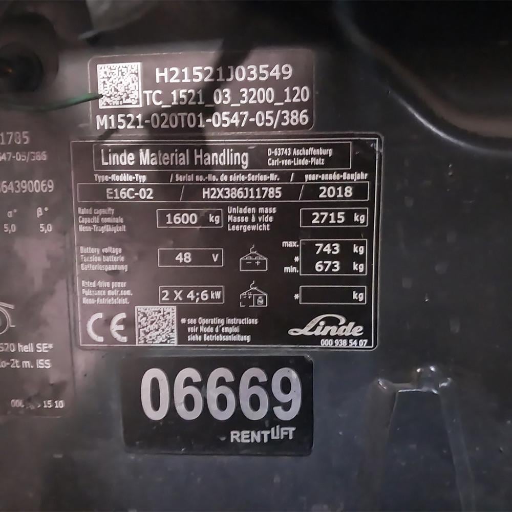 LINDE E16C-386 Elektrikli Forklift 2018 Model (F1.6669)