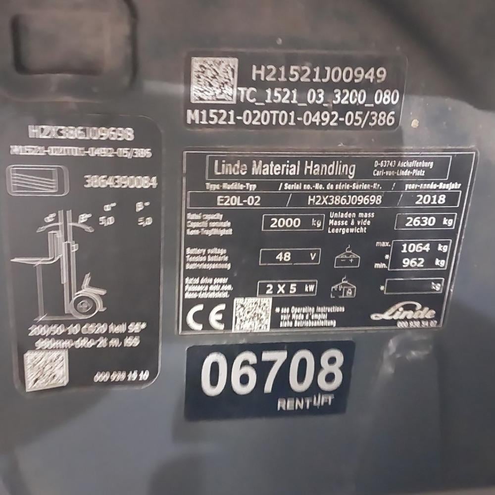 LINDE E20L-386 Elektrikli Forklift 2018 Model (F1.6708)