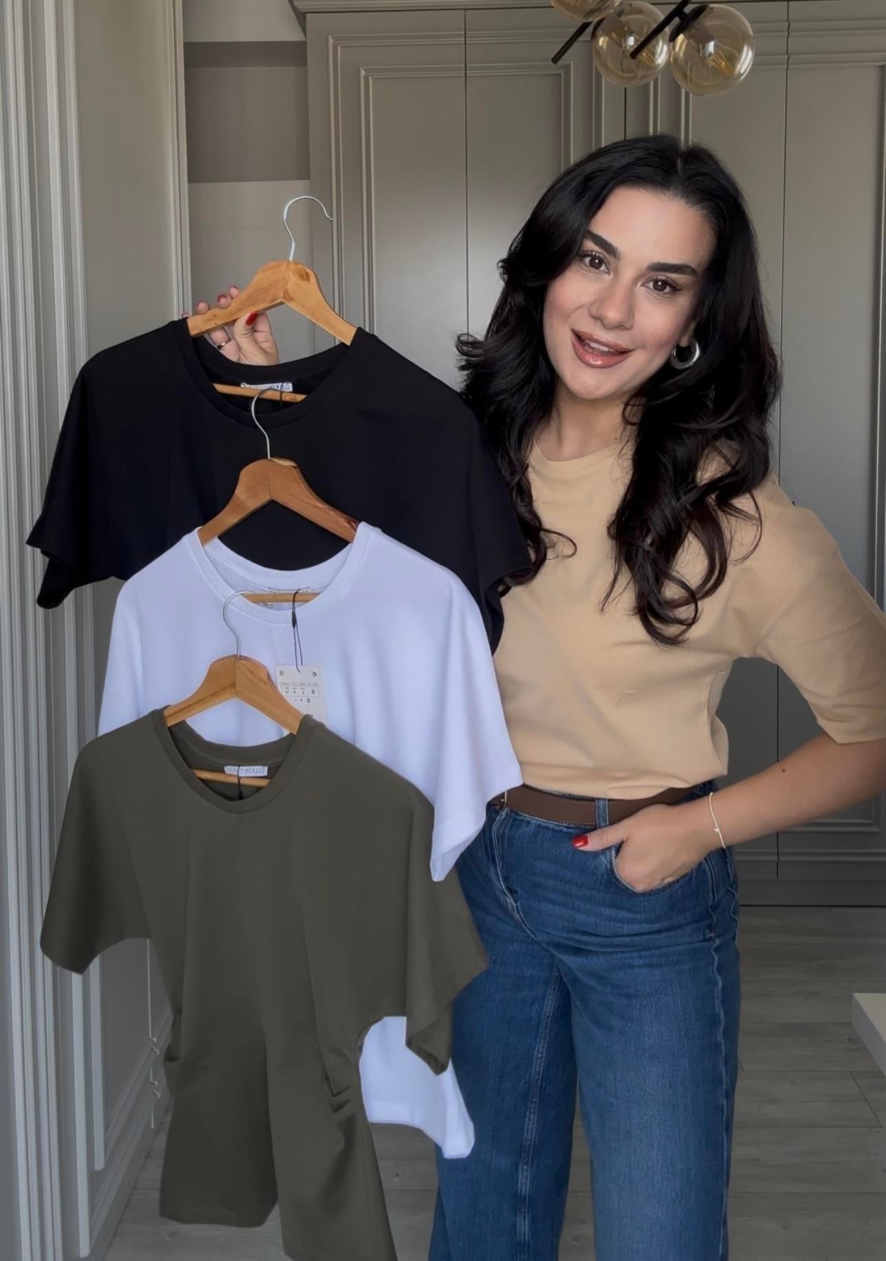 Drape Detaylı Bisiklet Yaka Basic T-shirt 