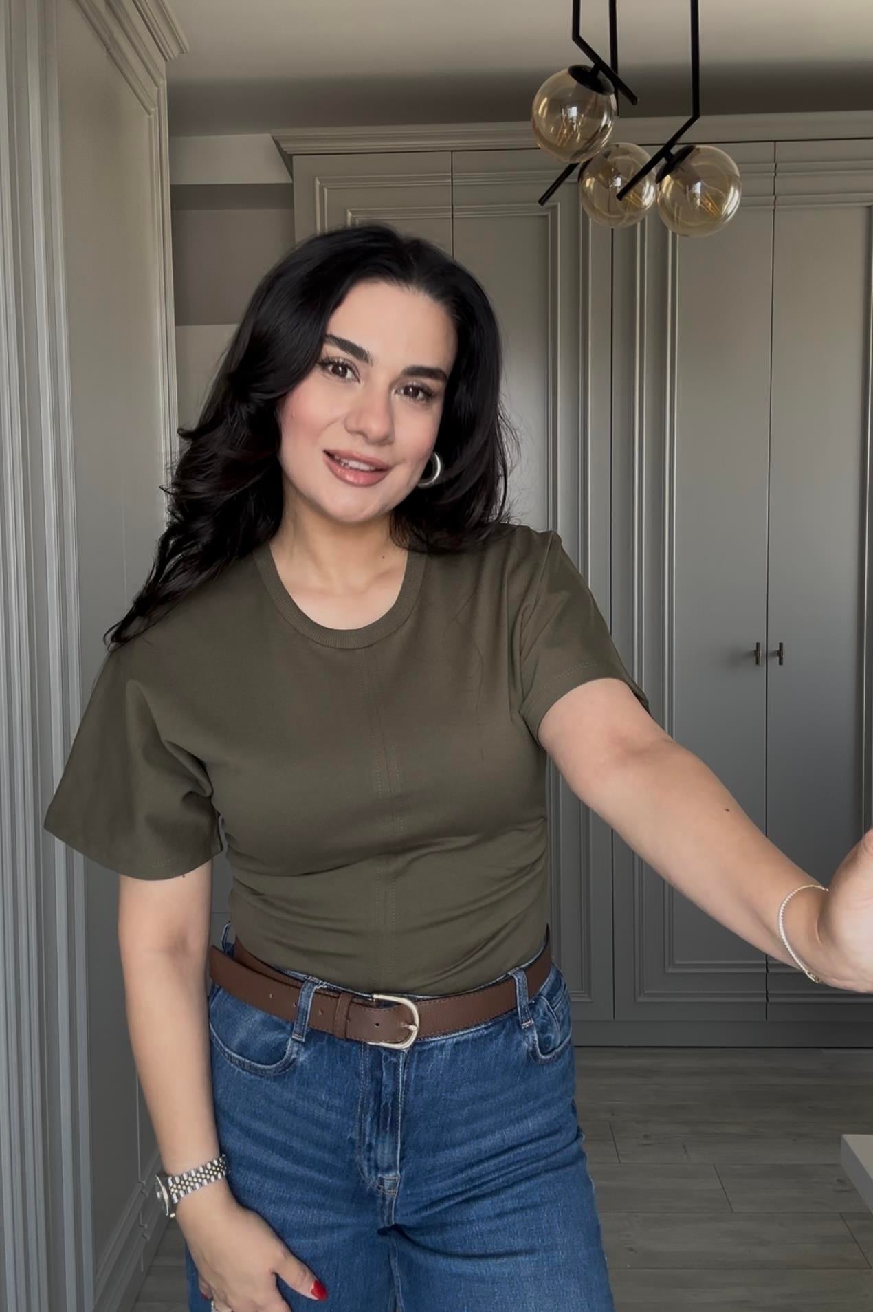 Drape Detaylı Bisiklet Yaka Basic T-shirt 