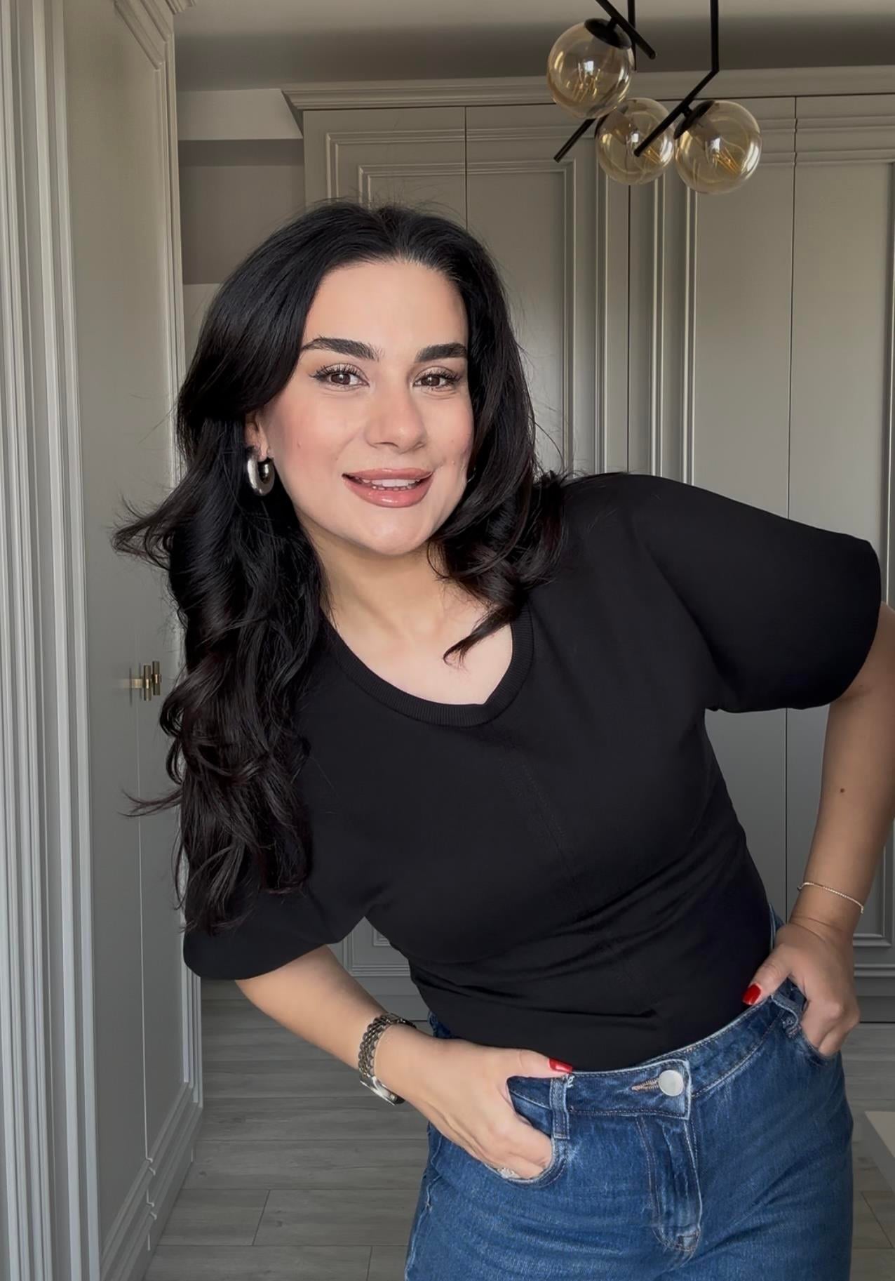 Drape Detaylı Bisiklet Yaka Basic T-shirt 