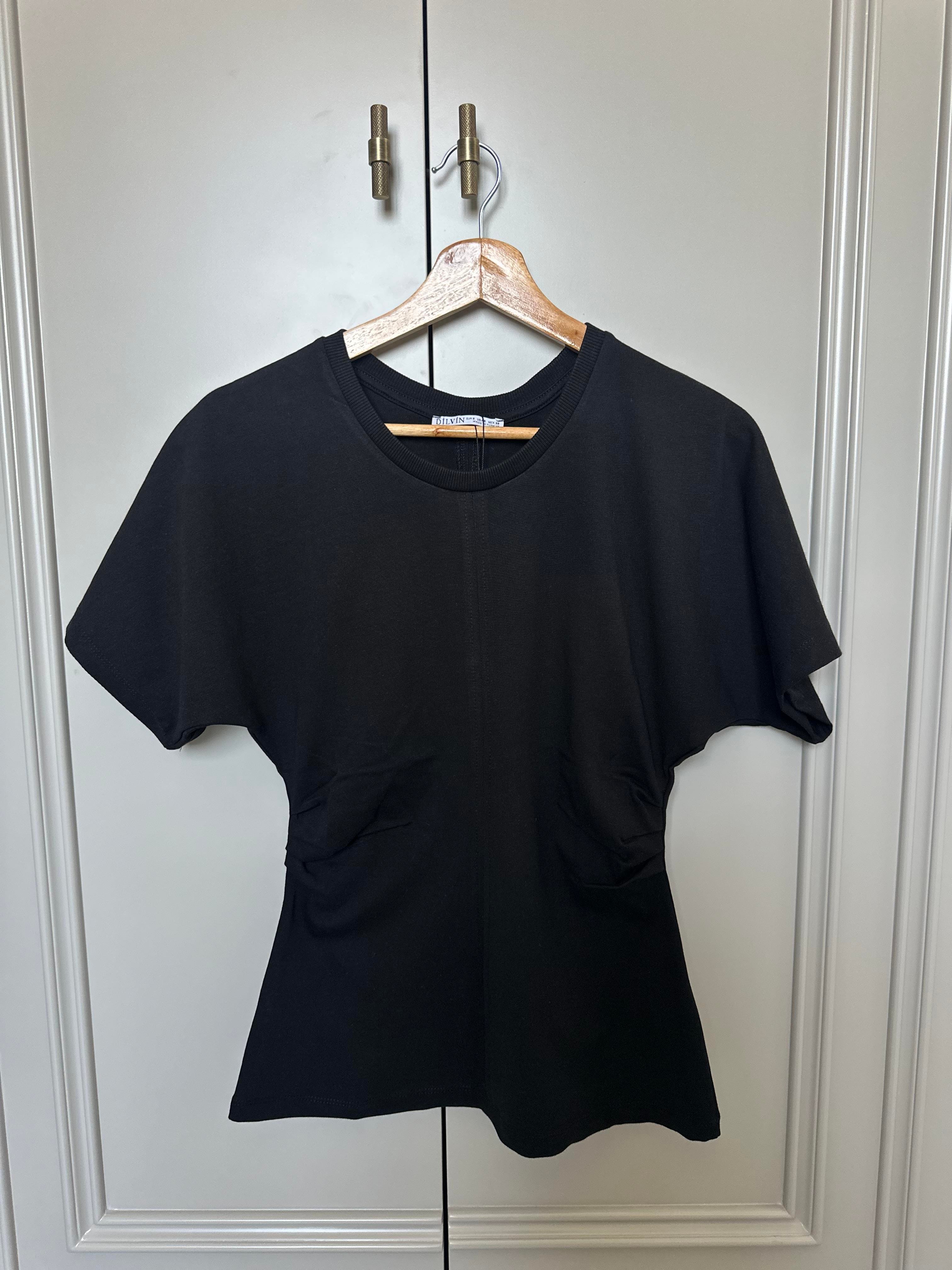 Drape Detaylı Bisiklet Yaka Basic T-shirt 