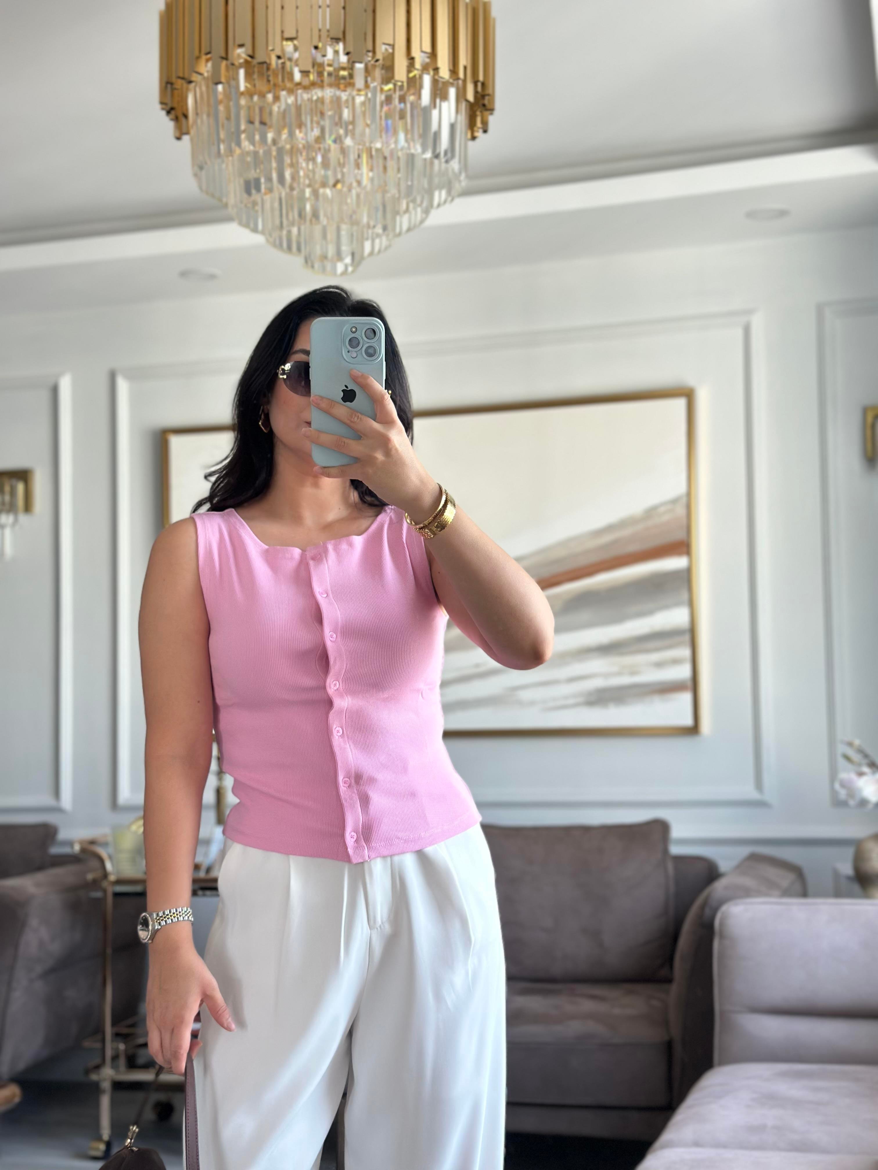 Düğme Örme Yelek Pembe