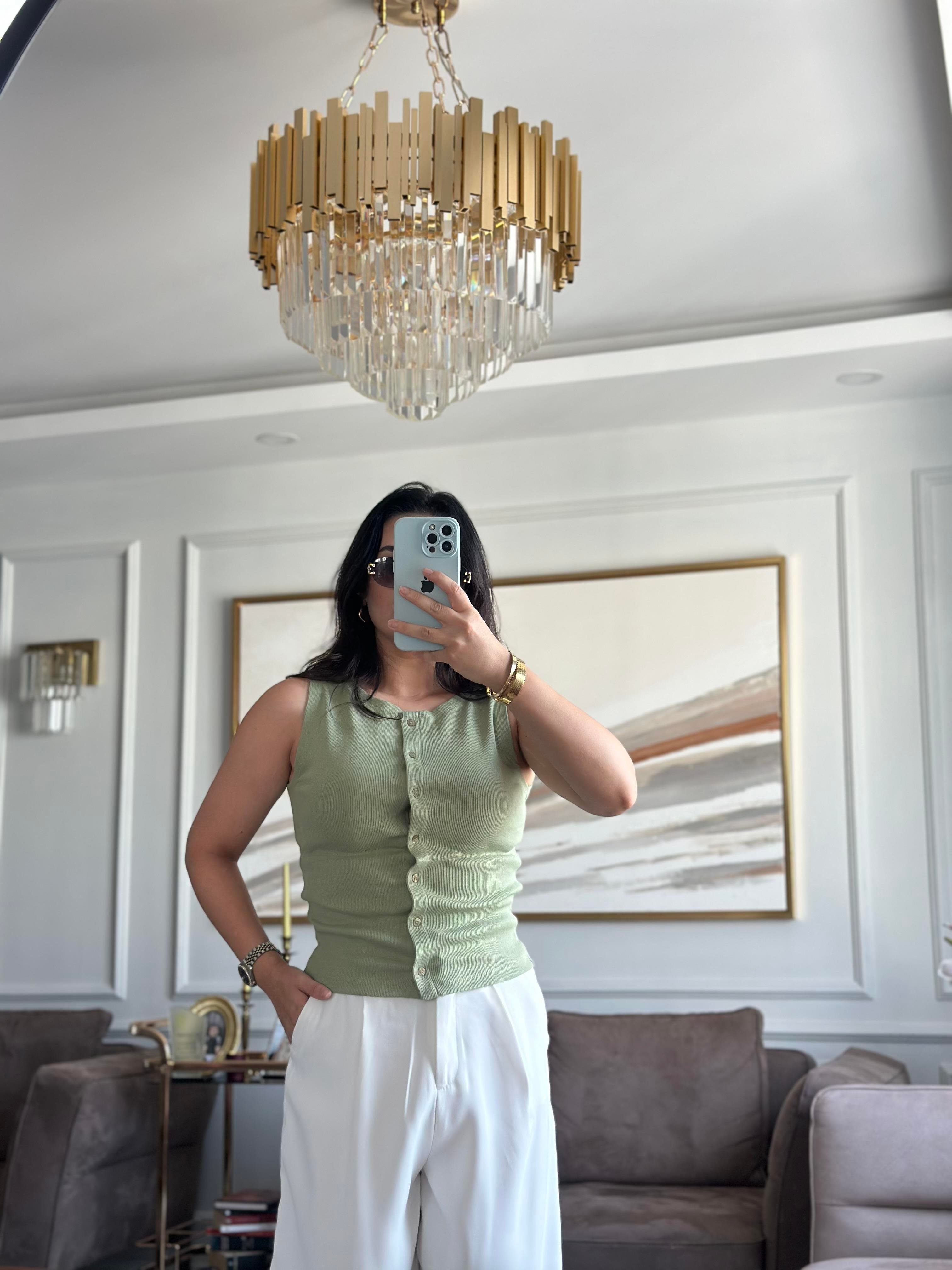 Düğme Örme Yelek Yeşil