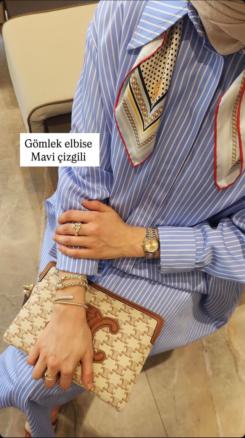 Çizgili Pamuk Gömlek Elbise - MAVİ