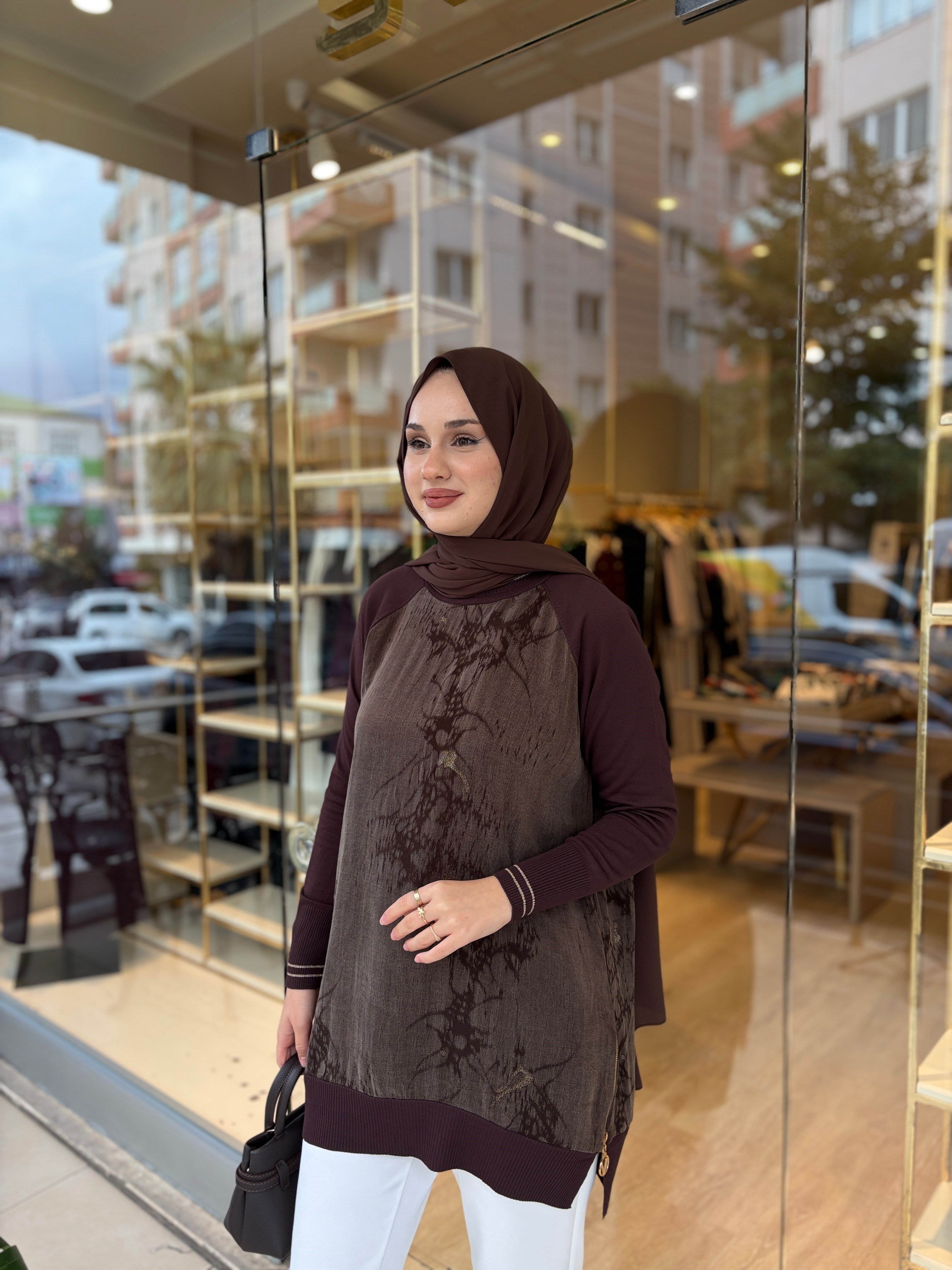 299 SİMLİ KUMAŞ FERMUARLI TUNİK KAHVE 