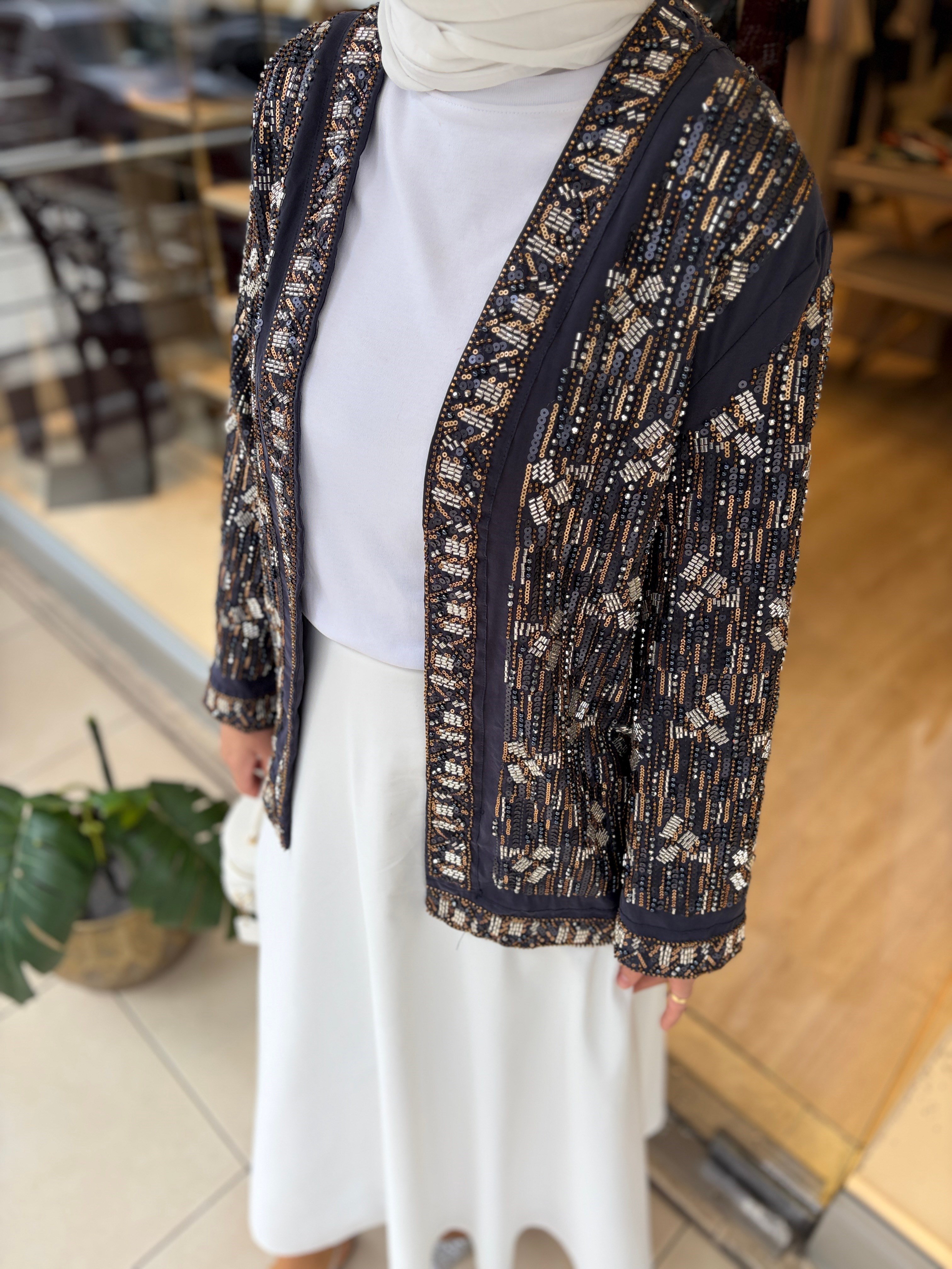 34902 PAYET VE BONCUK İŞELEMLİ PREMİUM KİMONO LACİVERT