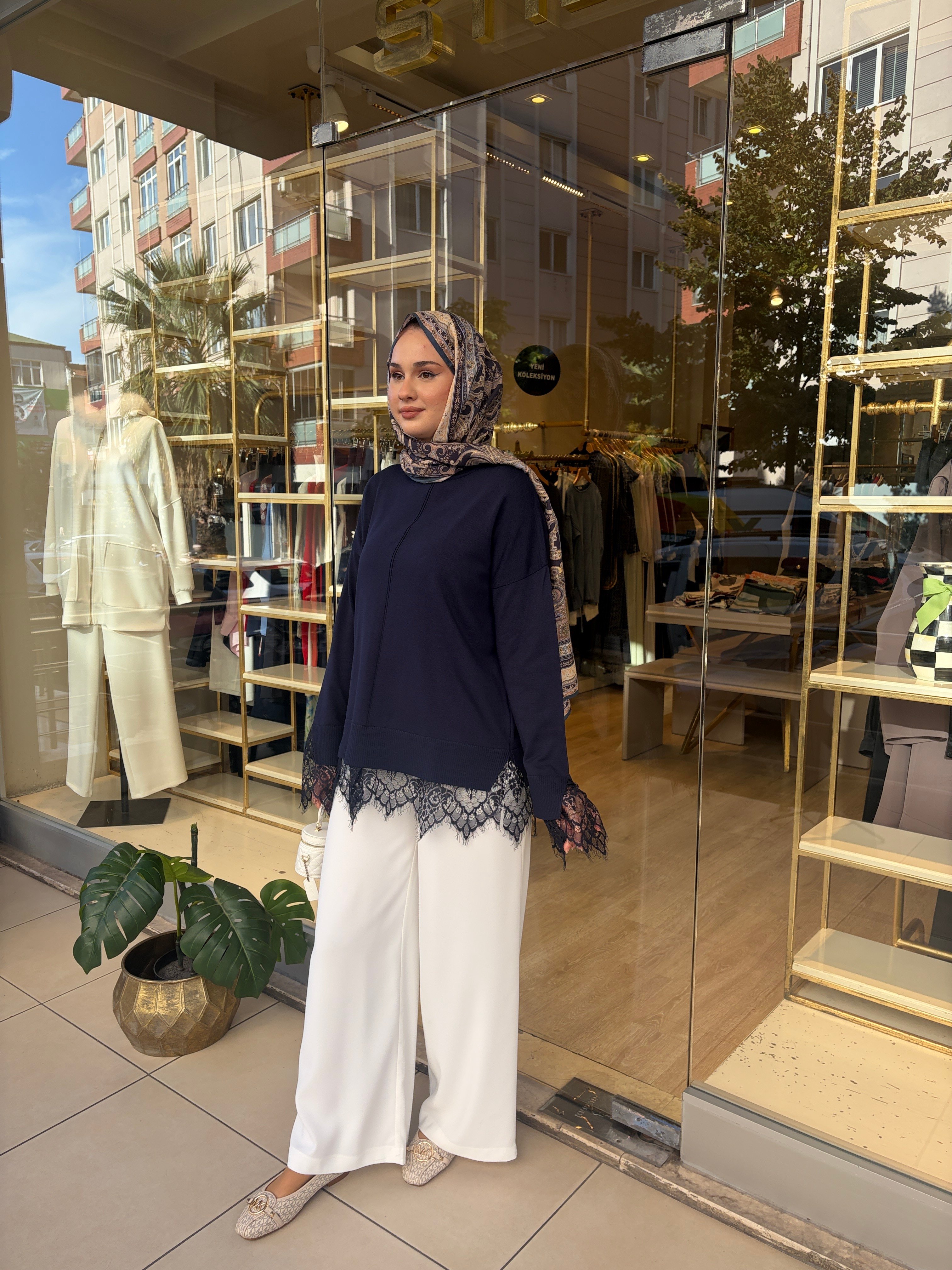 6122 DANTEL DETAYLI TRİKO TUNİK LACİVERT