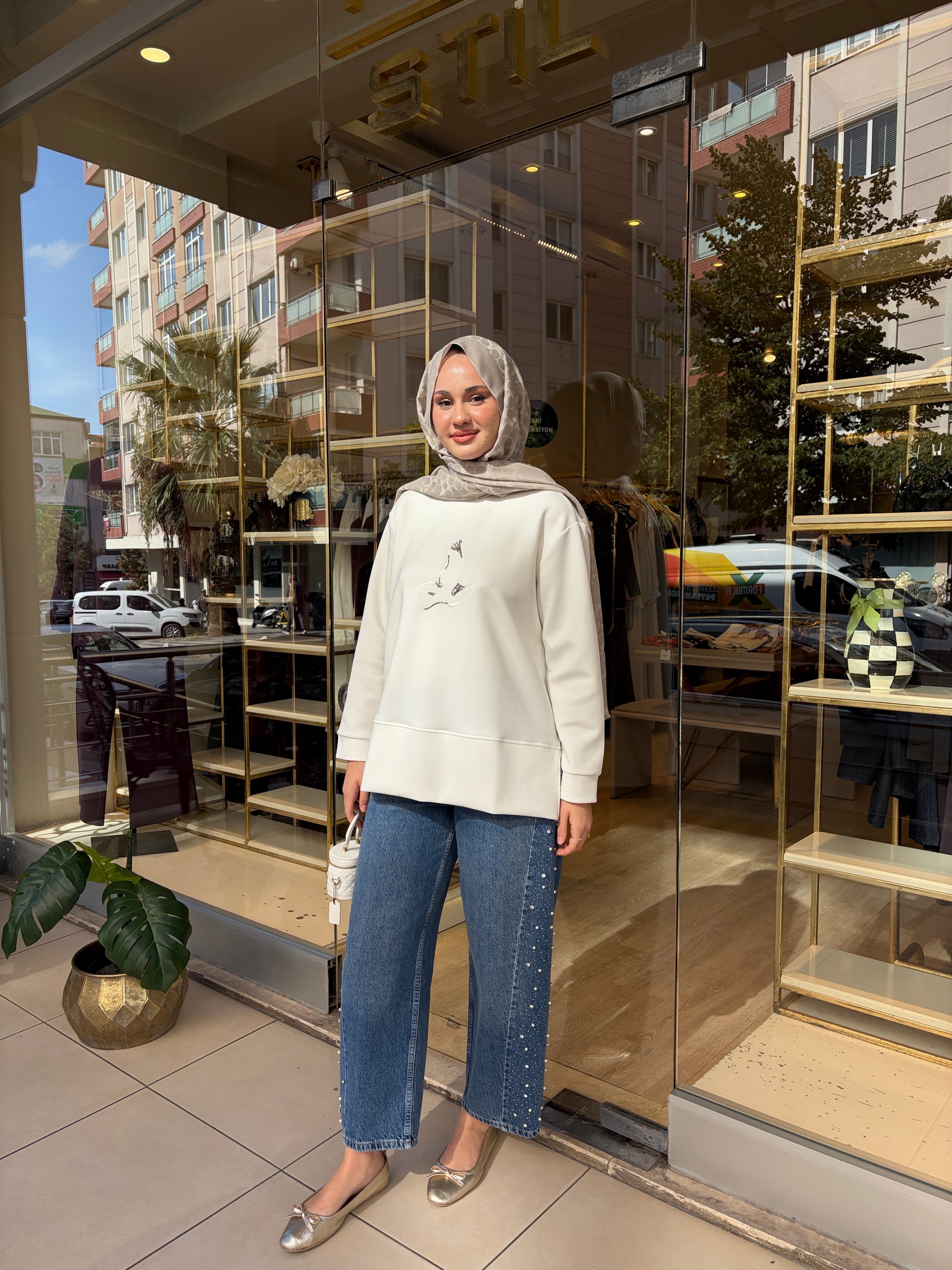 72368 YAN BONCUK İNCİ İŞLEMELİ PANTOLON  MAVİ
