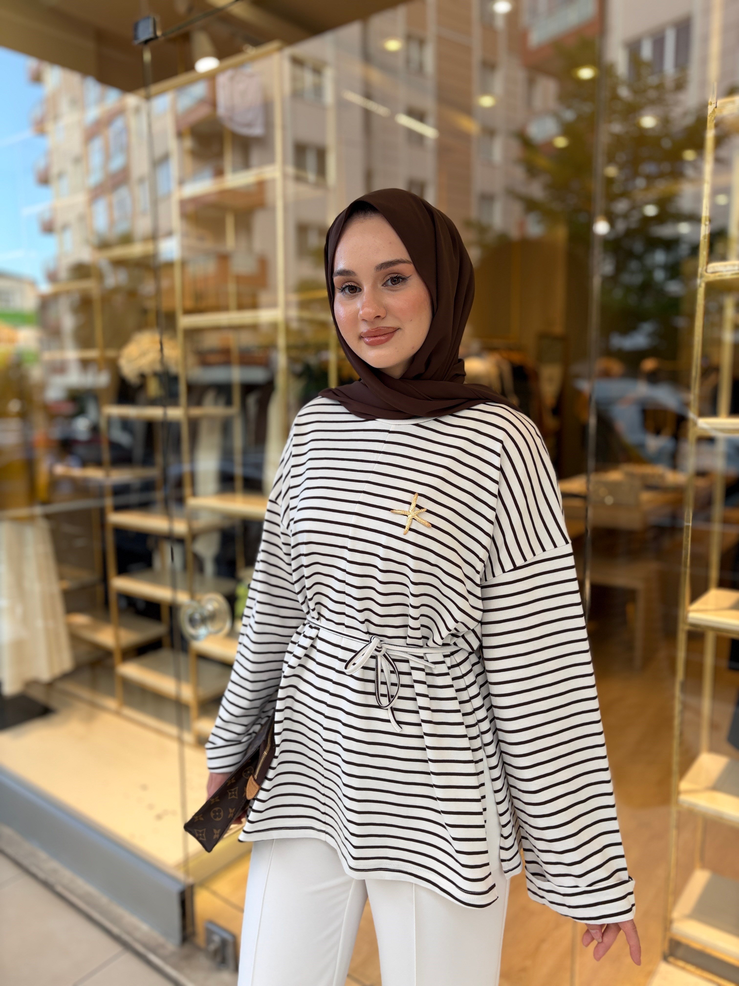 ÇİZGİLİ YIRTMAÇLI SWEAT KAHVERENGİ