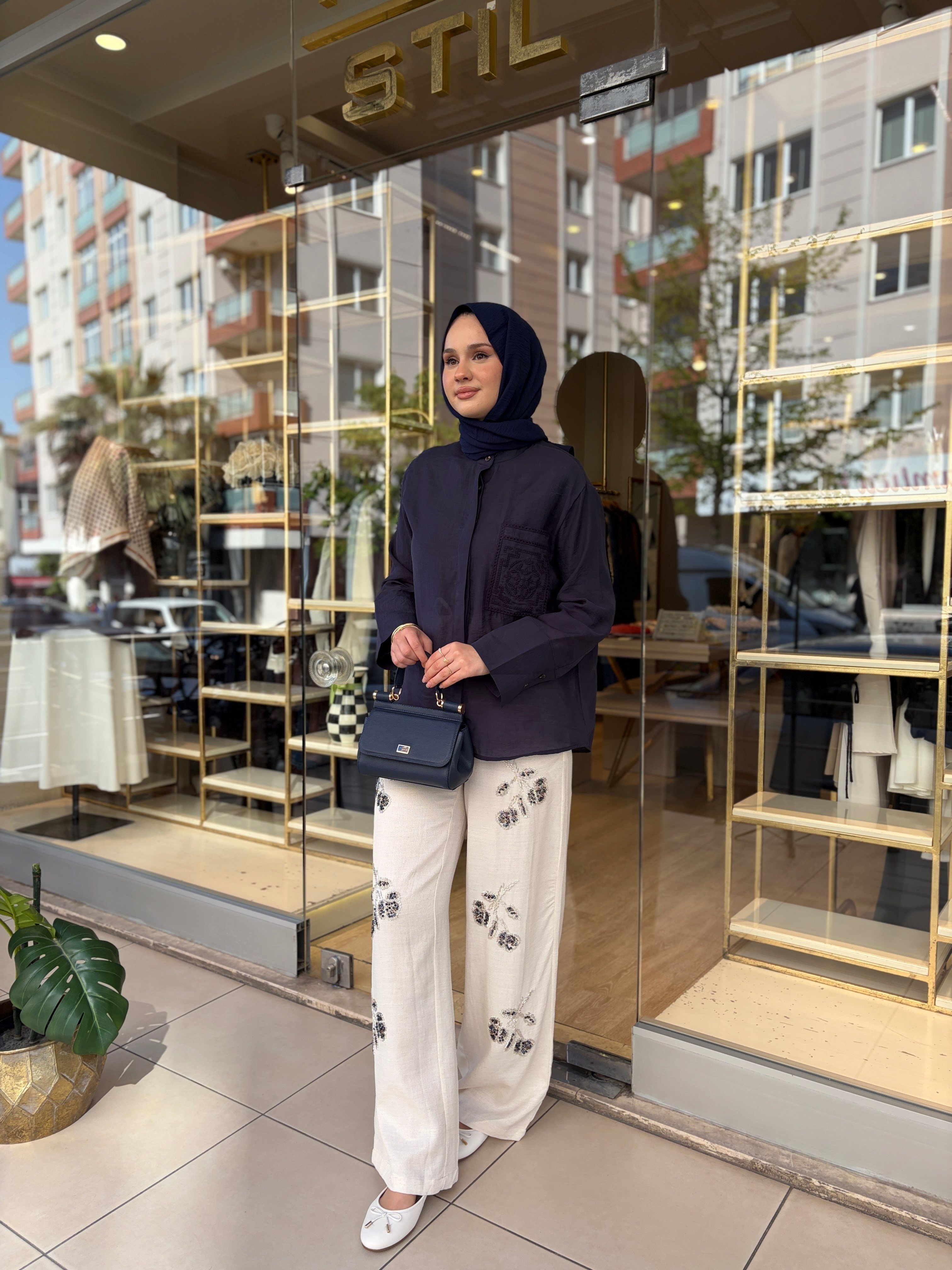 İŞLEMELİ KETEN PANTOLON
