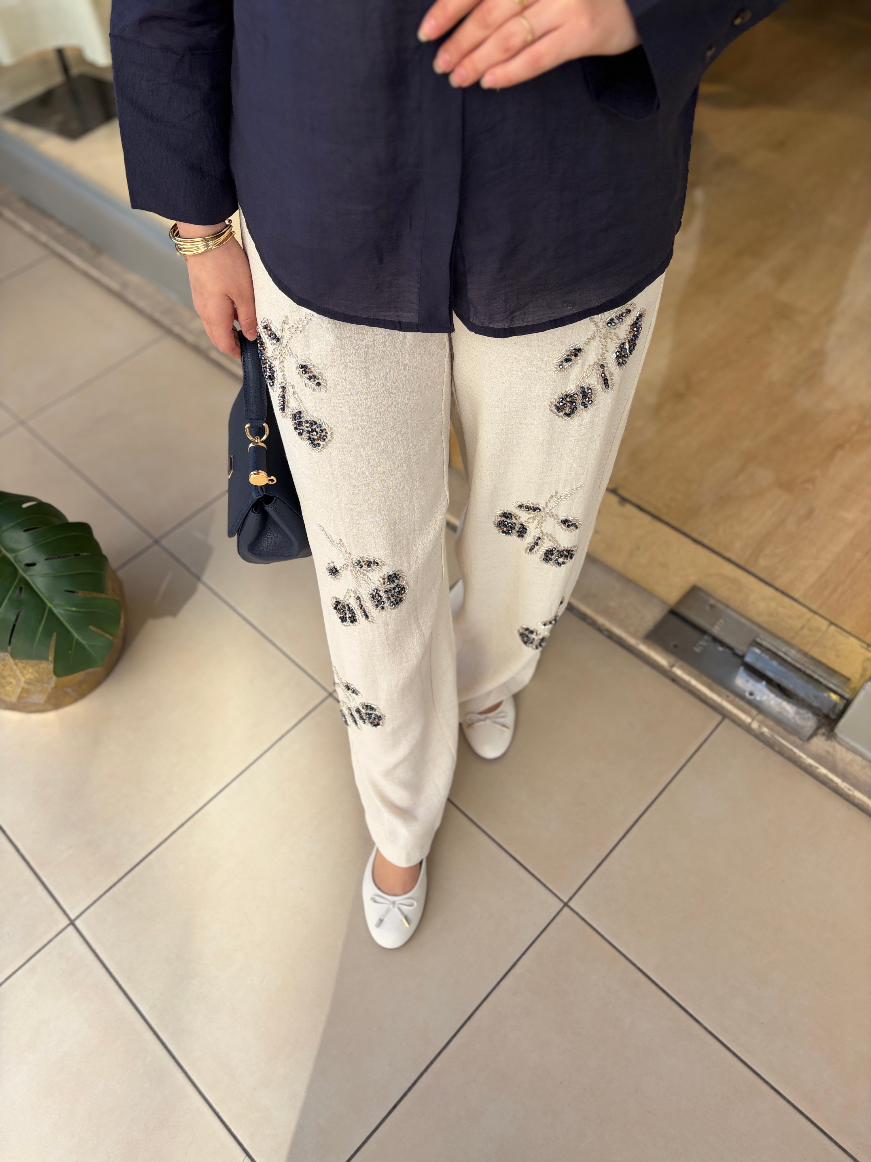 İŞLEMELİ KETEN PANTOLON