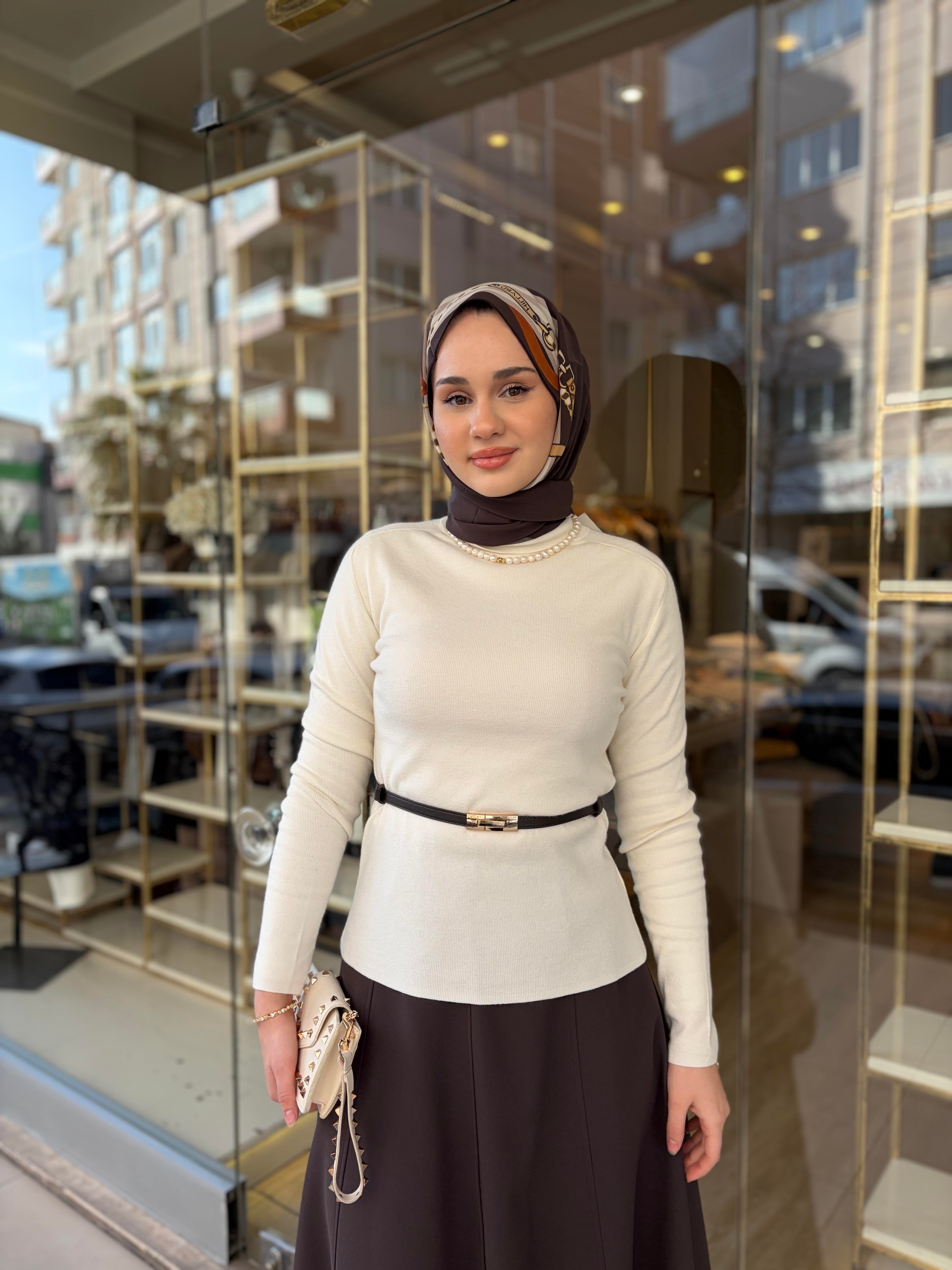 KAŞMİR KARIŞIMLI KEMERLİ KAZAK EKRU