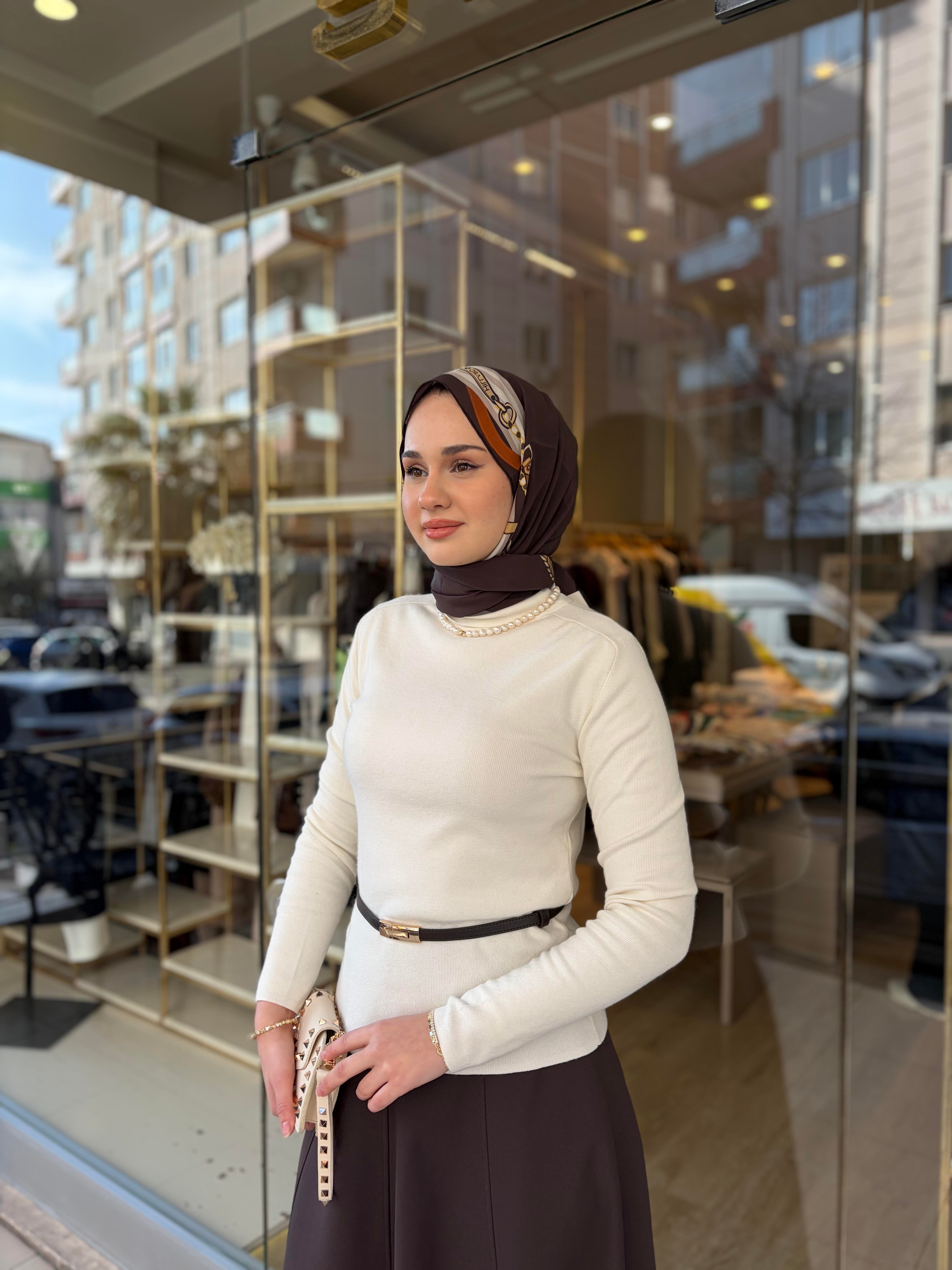 KAŞMİR KARIŞIMLI KEMERLİ KAZAK EKRU