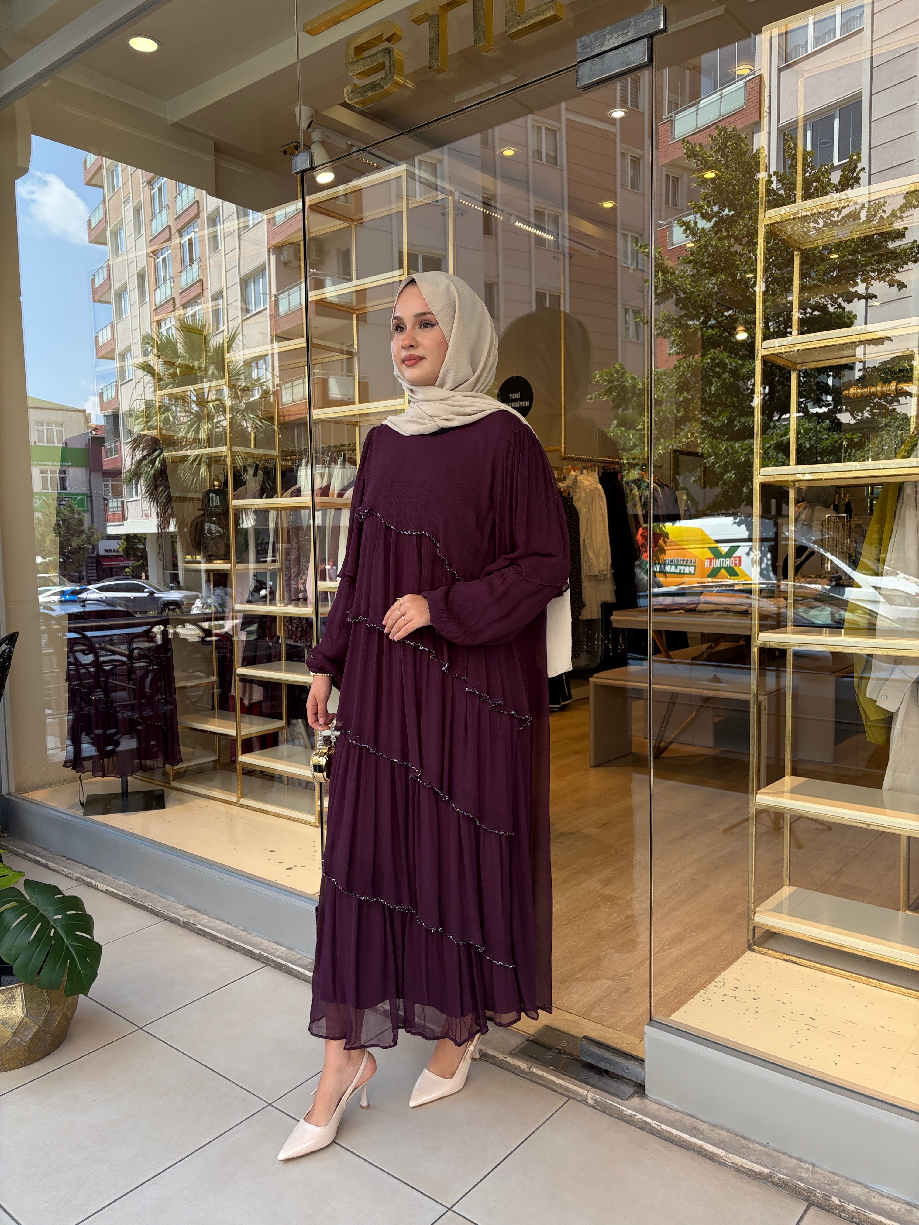 KATKAT BONCUK İŞLEMELİ ELBİSE MOR