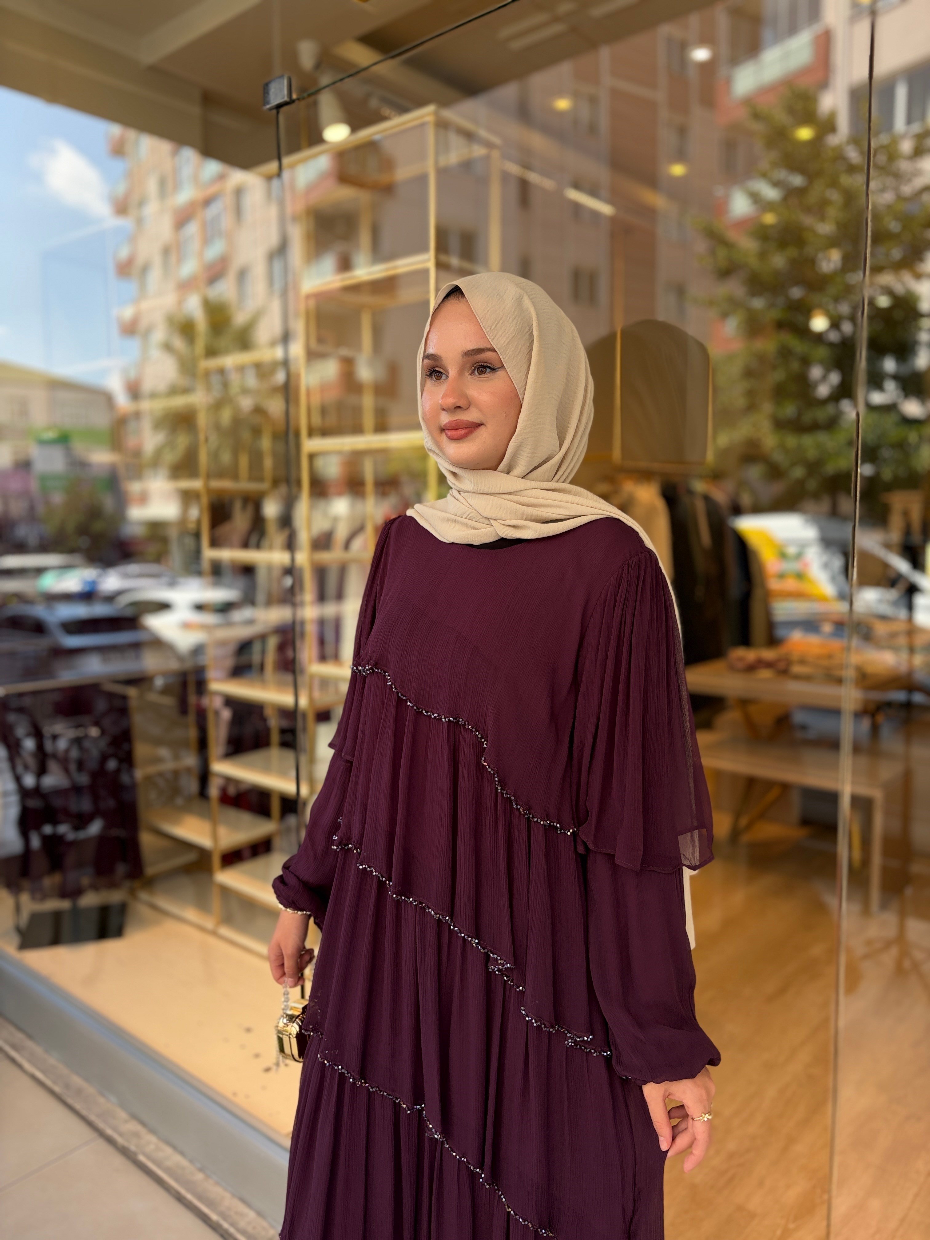 KATKAT BONCUK İŞLEMELİ ELBİSE MOR