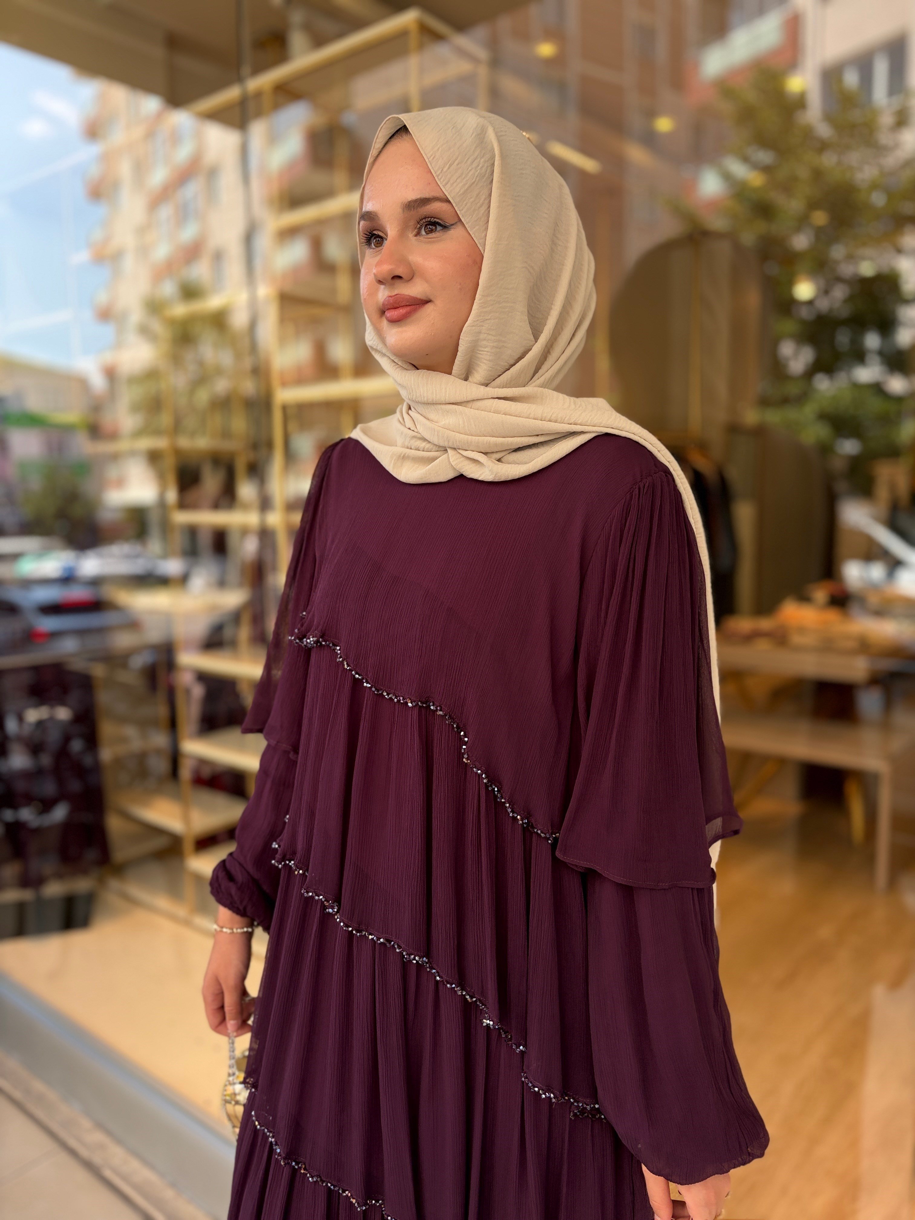 KATKAT BONCUK İŞLEMELİ ELBİSE MOR